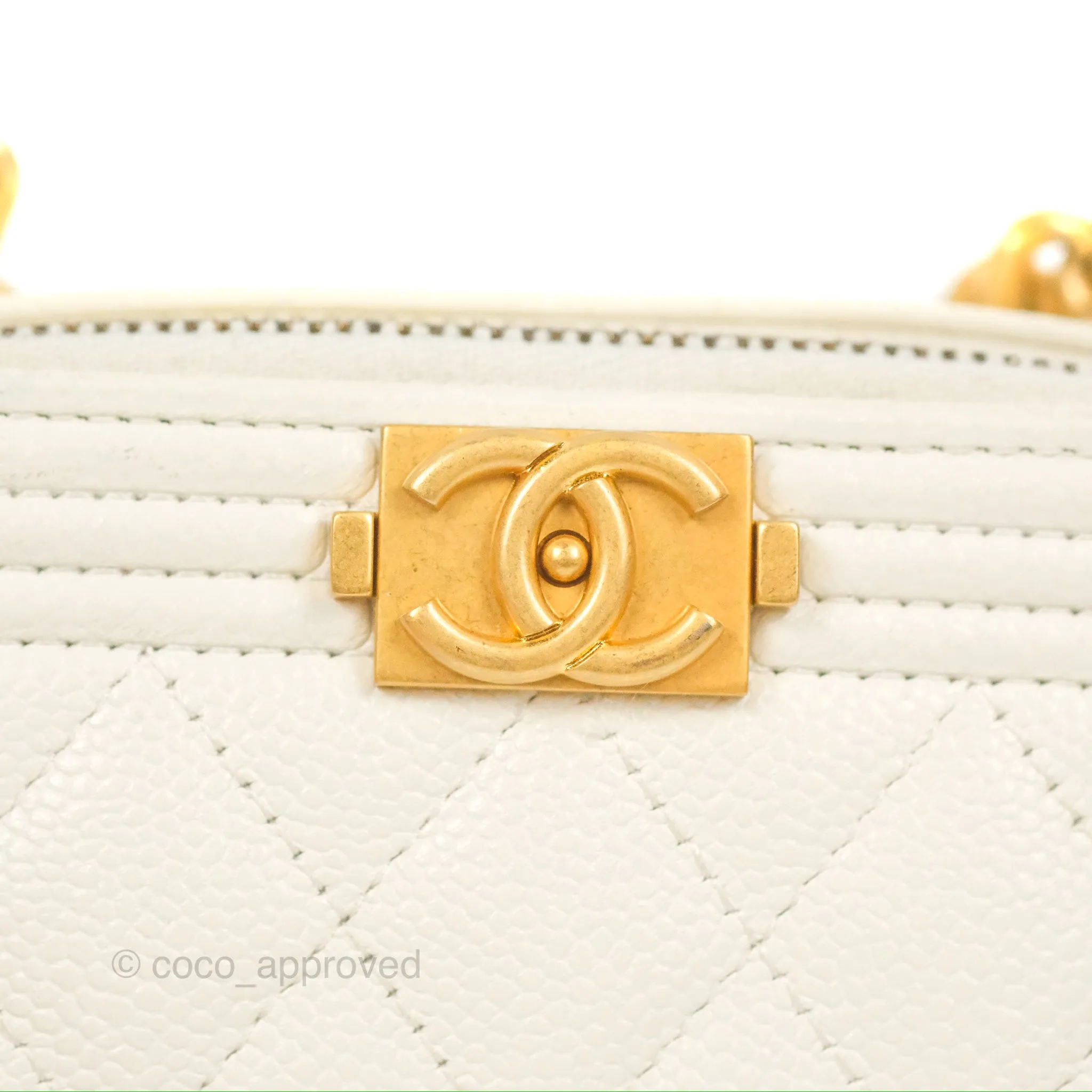 Chanel Mini Boy Clutch with Chain White Caviar Aged Gold Hardware