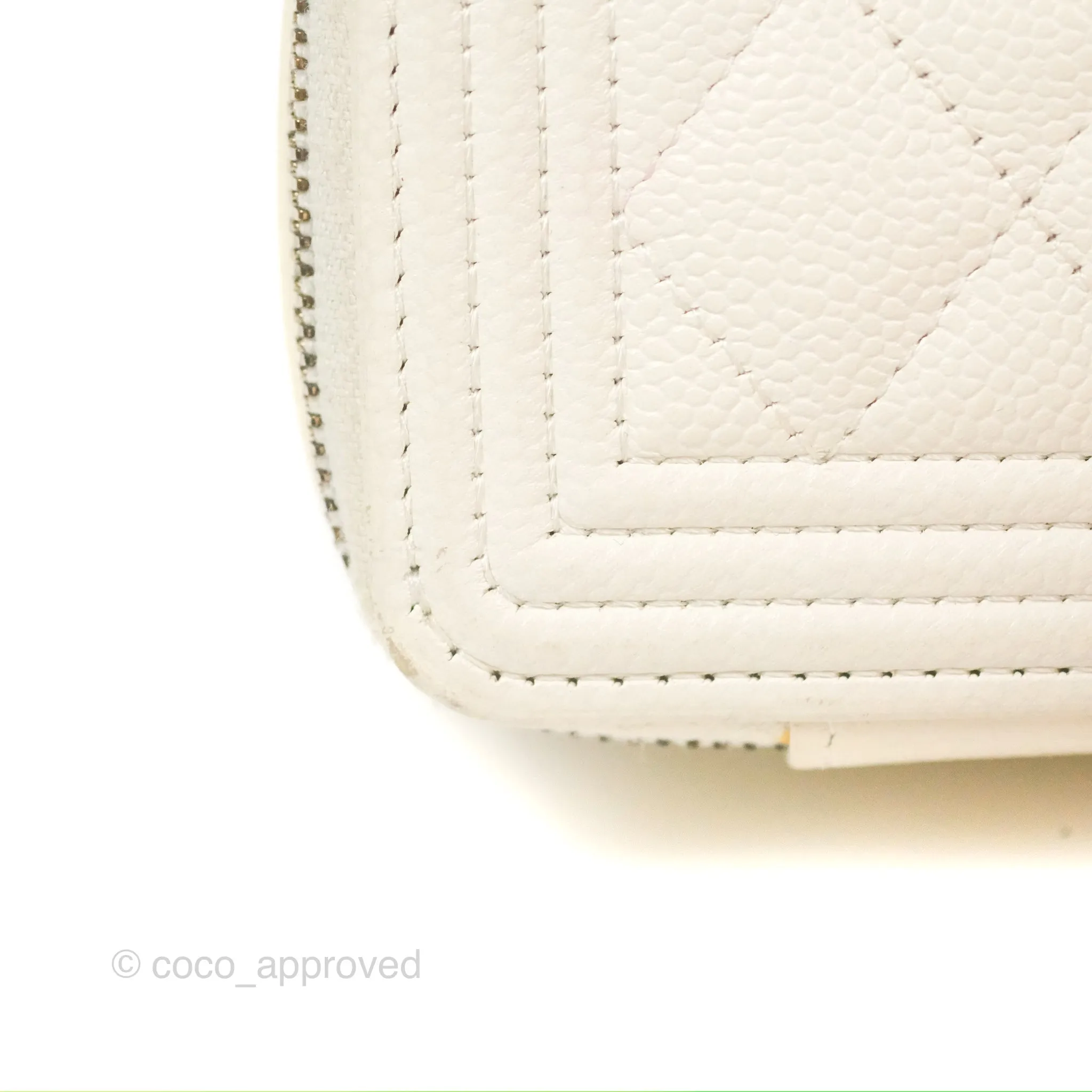 Chanel Mini Boy Clutch with Chain White Caviar Aged Gold Hardware