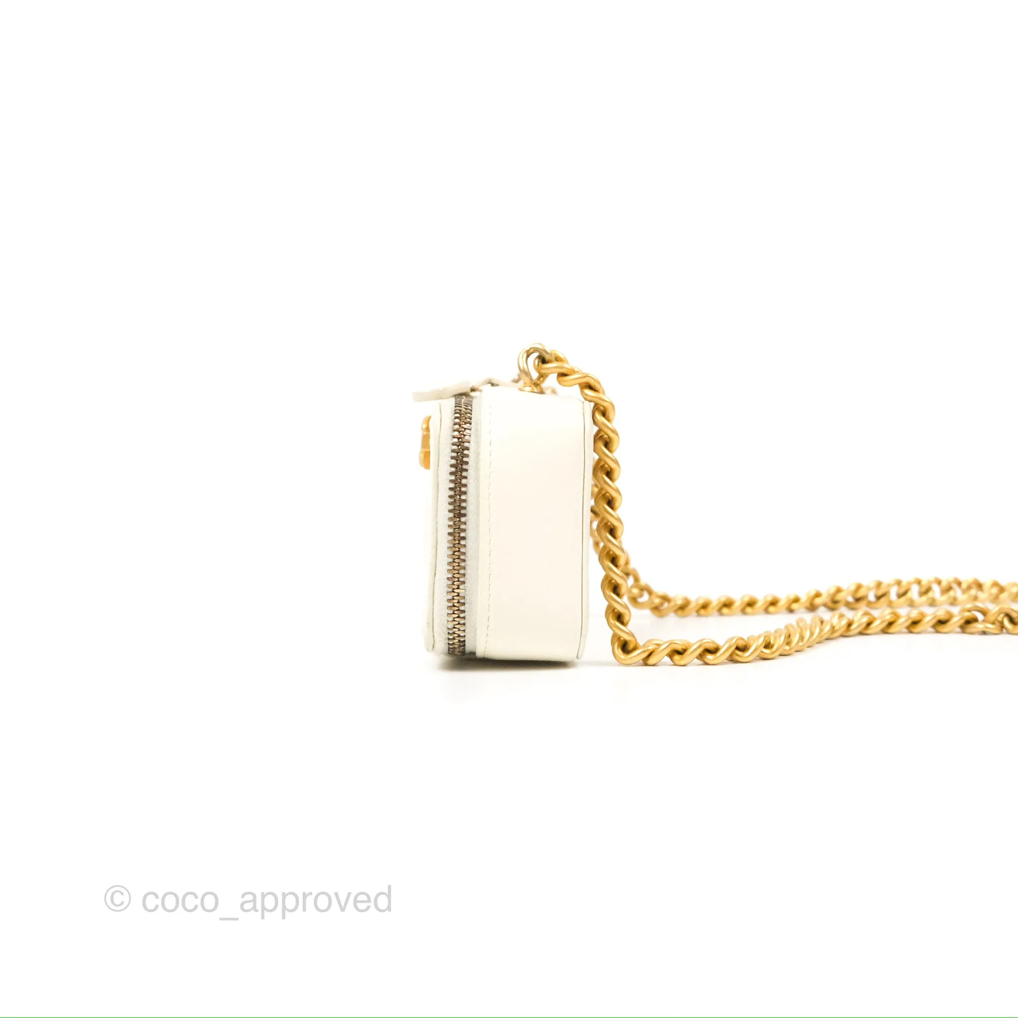Chanel Mini Boy Clutch with Chain White Caviar Aged Gold Hardware