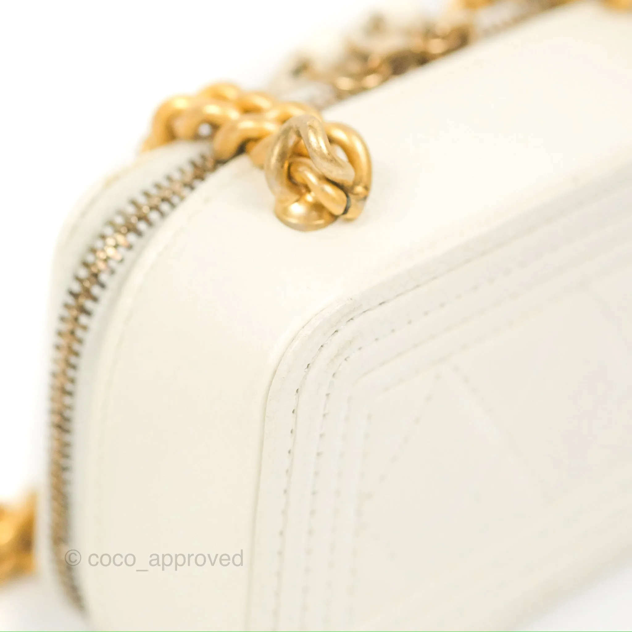Chanel Mini Boy Clutch with Chain White Caviar Aged Gold Hardware