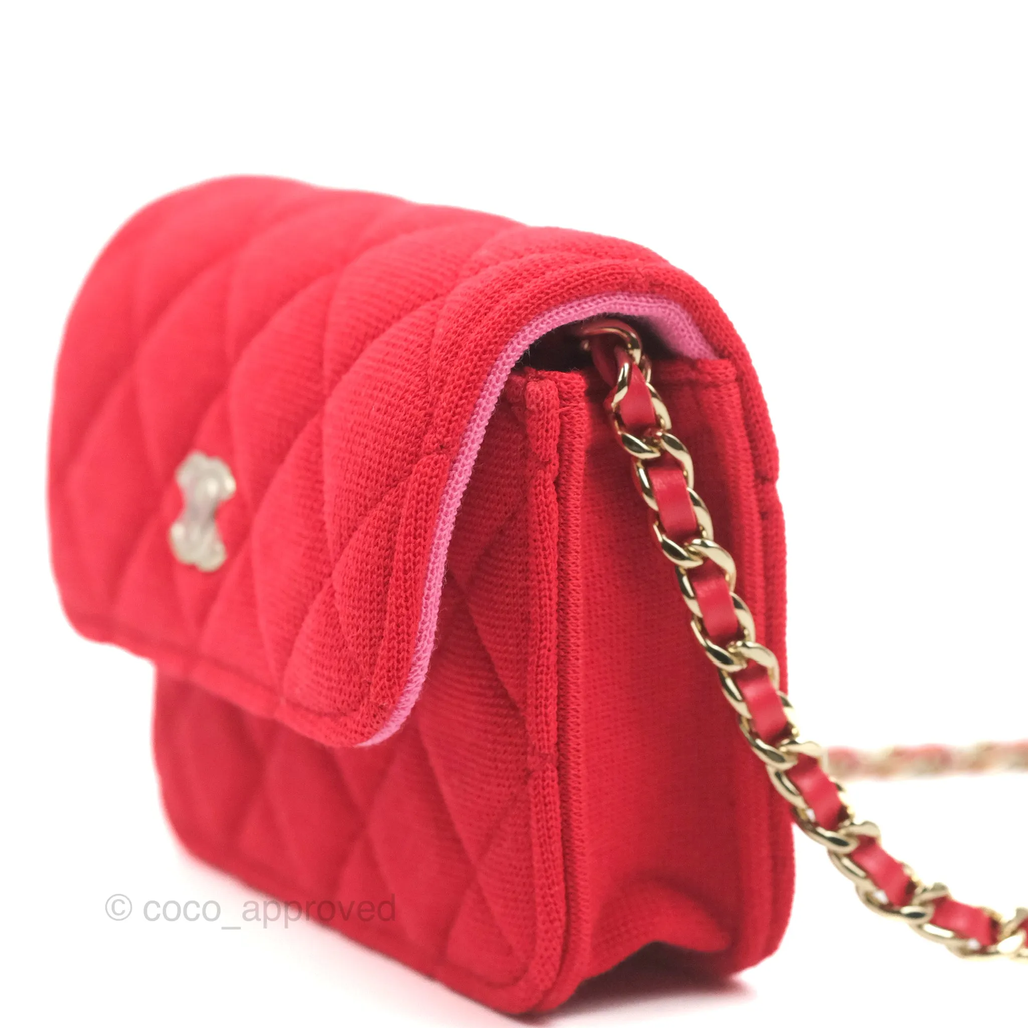Chanel Mini Clutch With Chain Red Cotton Gold Hardware