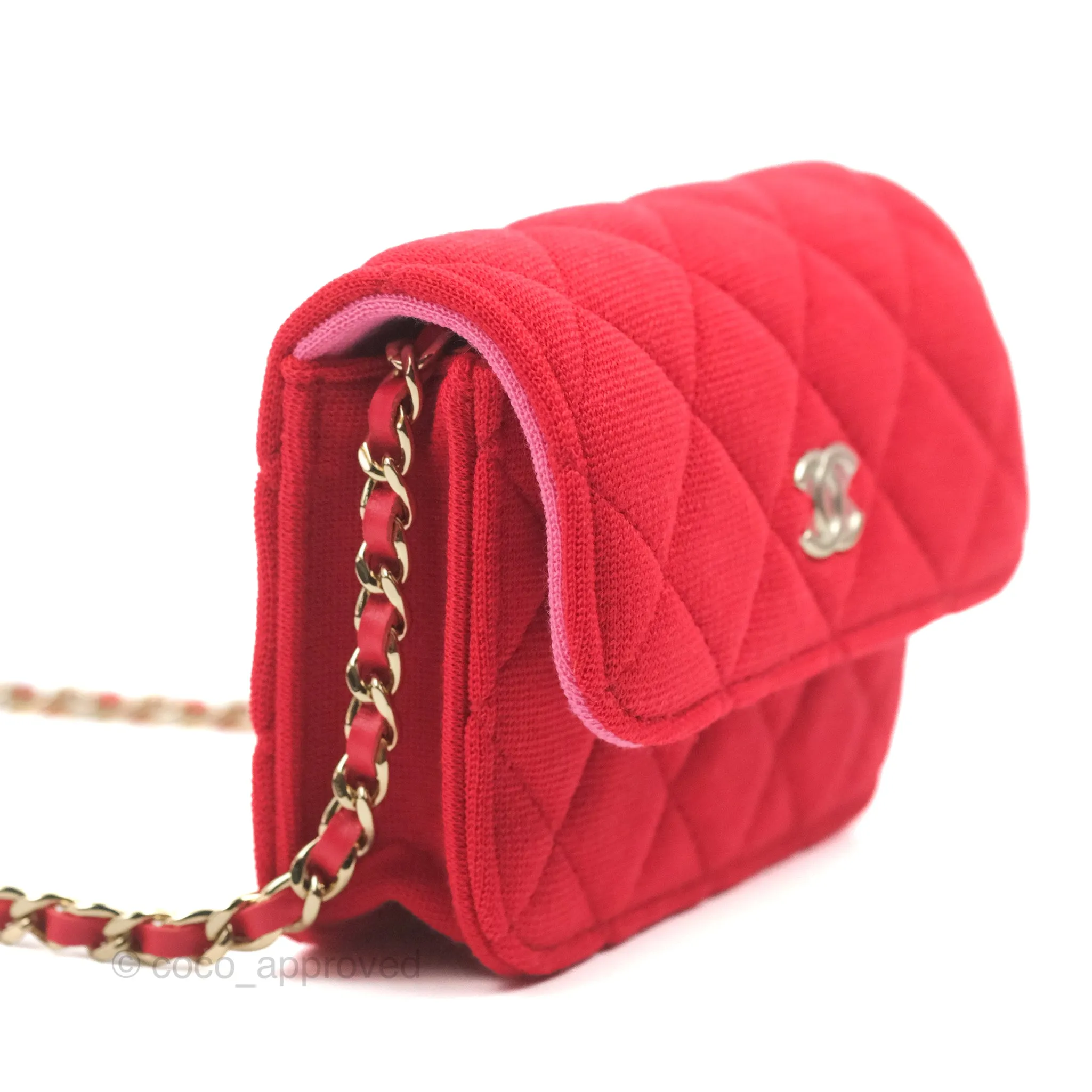Chanel Mini Clutch With Chain Red Cotton Gold Hardware
