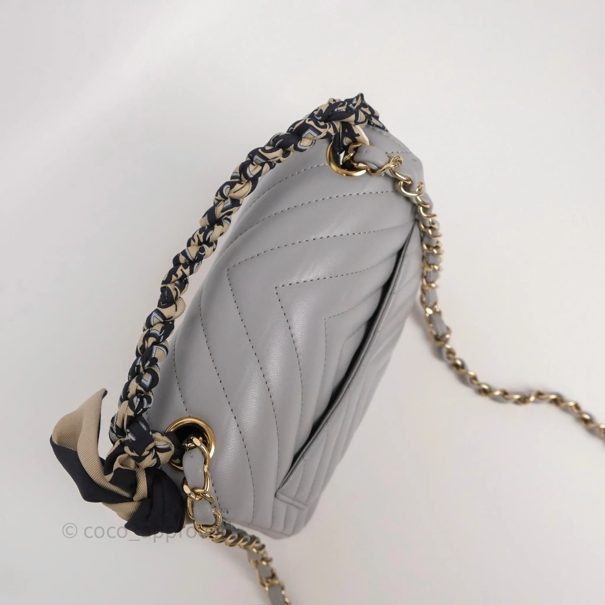 Chanel Mini Square Flap Chevron Grey Lambskin Gold Hardware
