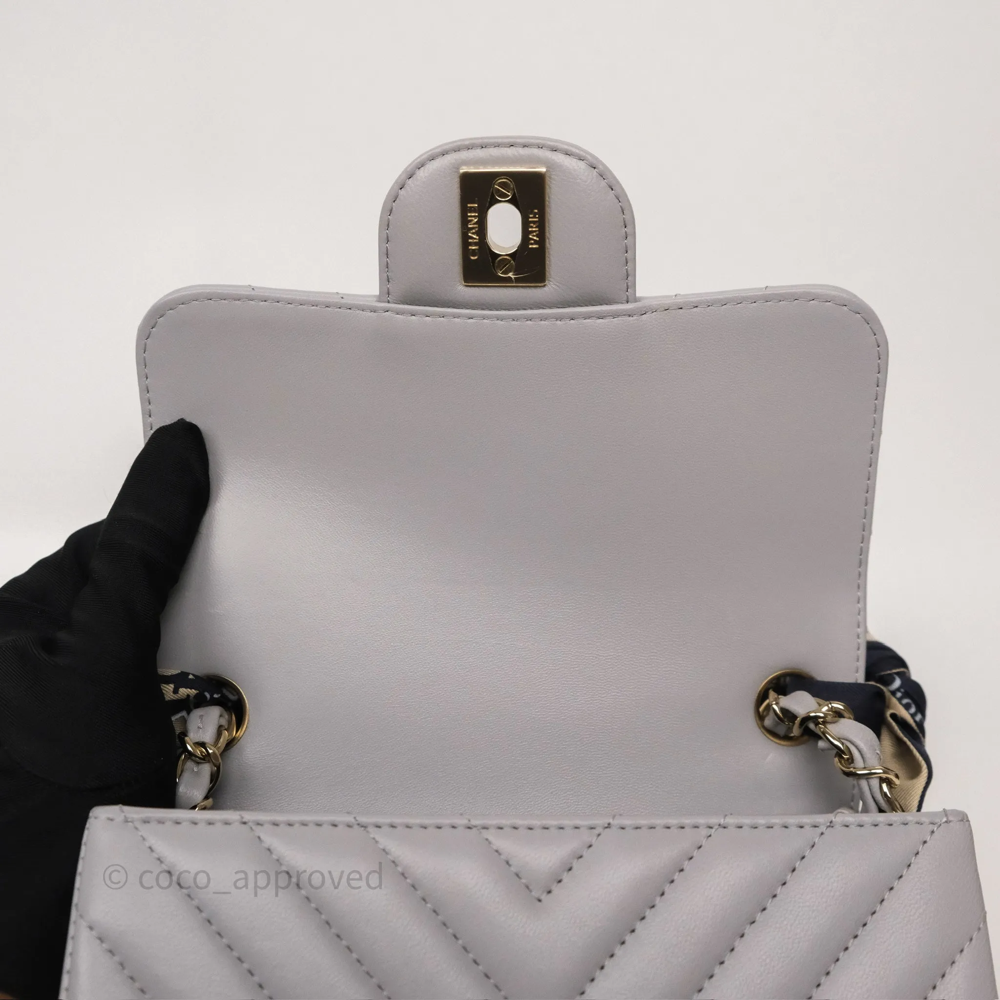 Chanel Mini Square Flap Chevron Grey Lambskin Gold Hardware