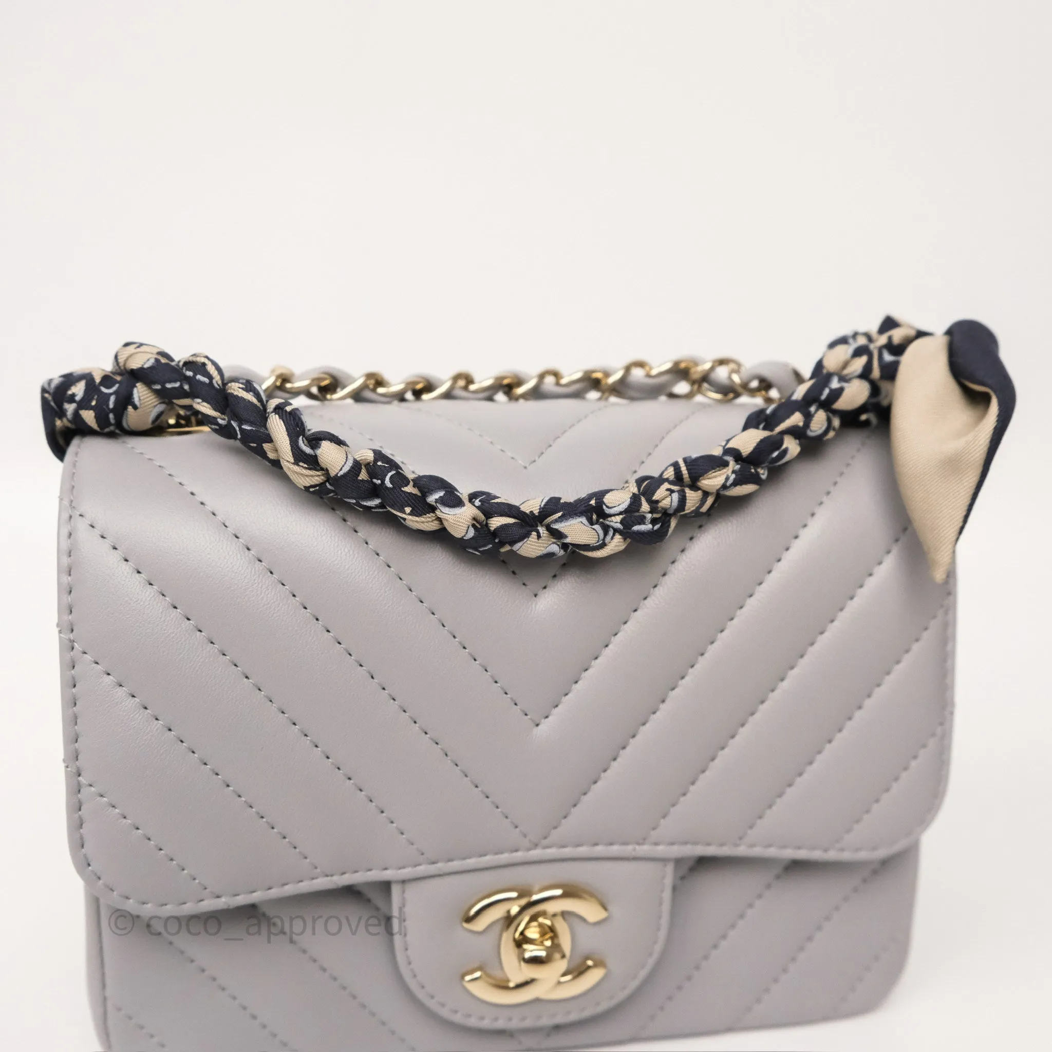Chanel Mini Square Flap Chevron Grey Lambskin Gold Hardware
