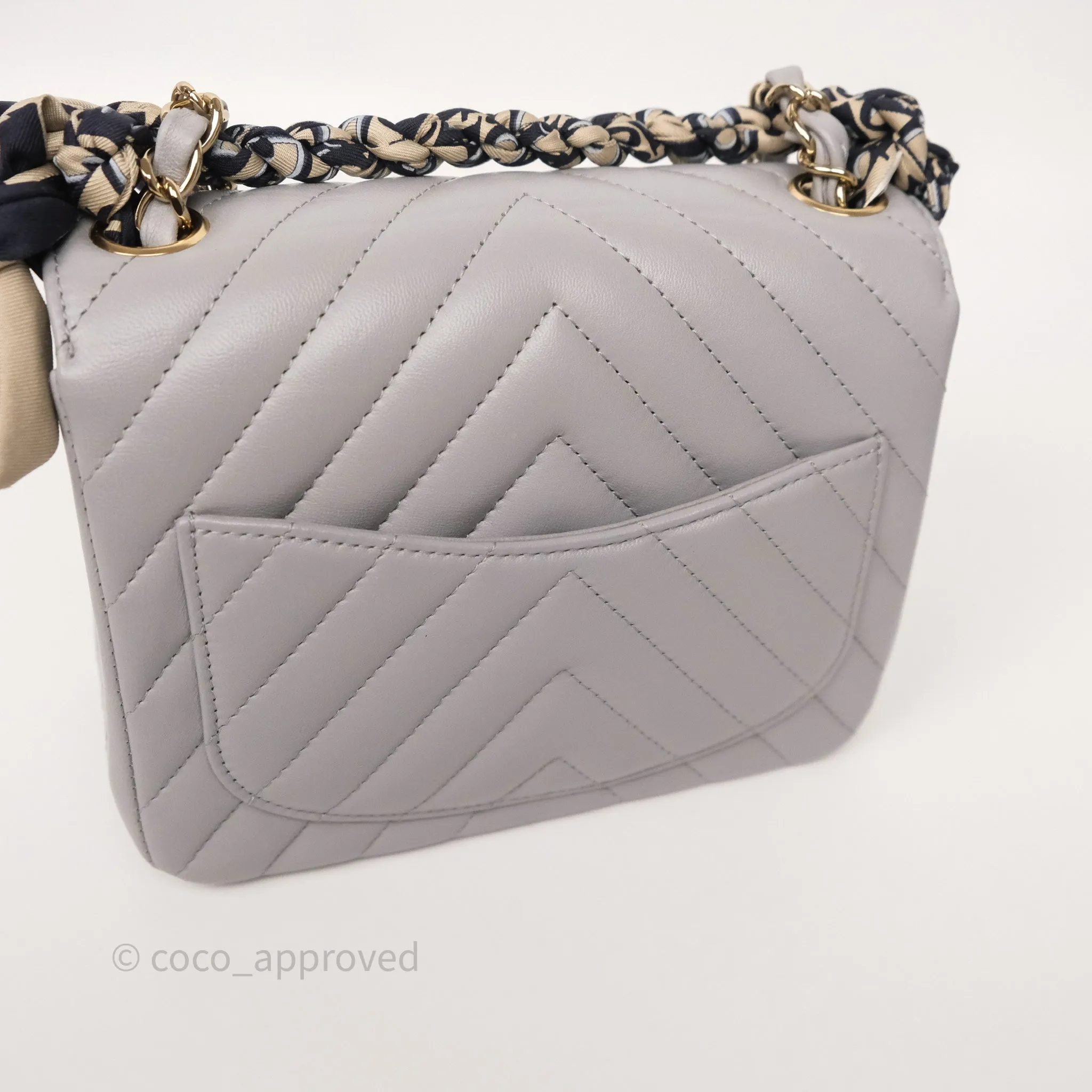 Chanel Mini Square Flap Chevron Grey Lambskin Gold Hardware