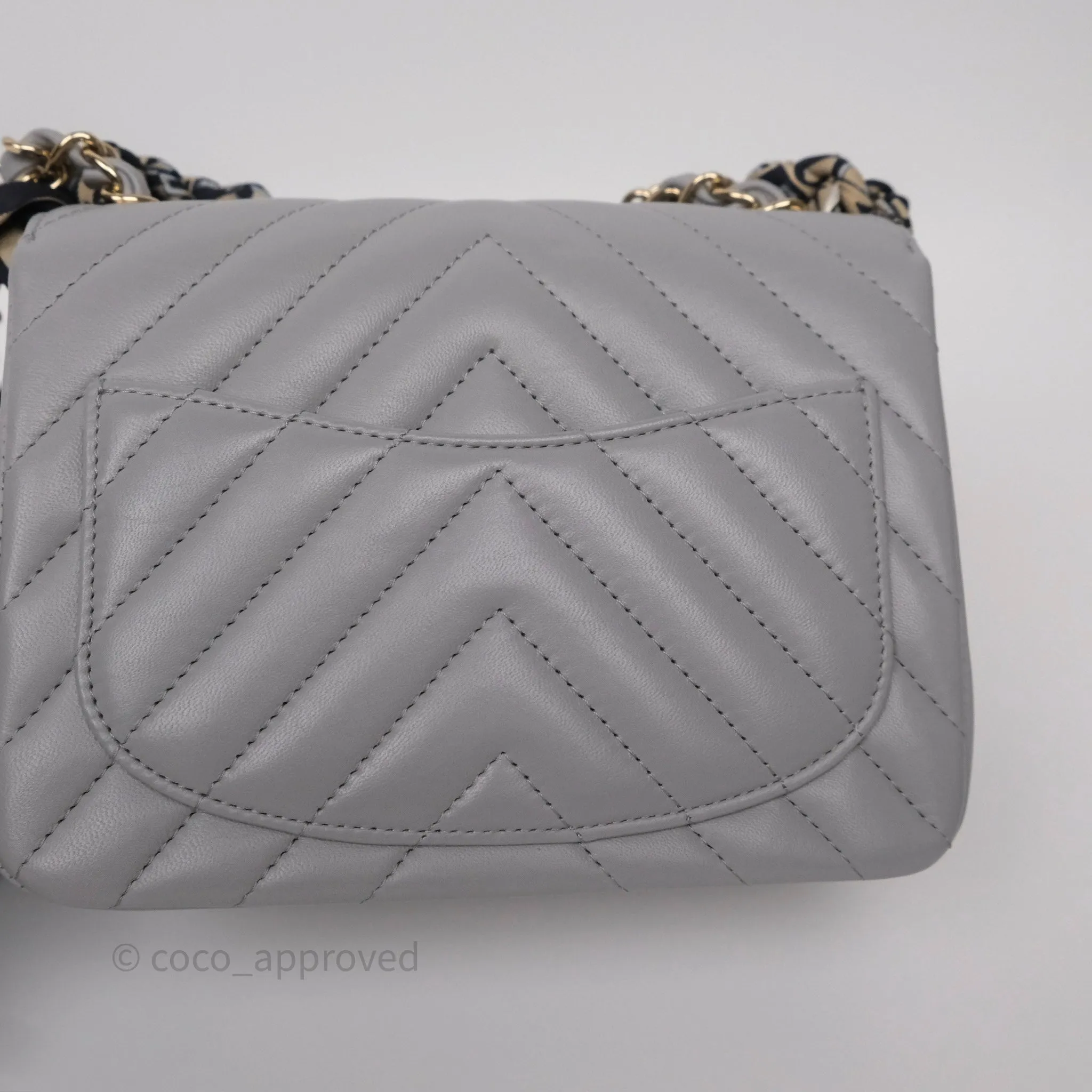 Chanel Mini Square Flap Chevron Grey Lambskin Gold Hardware