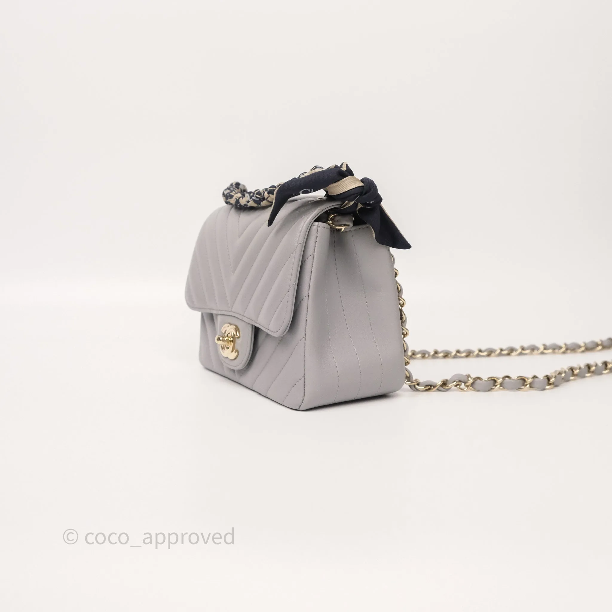 Chanel Mini Square Flap Chevron Grey Lambskin Gold Hardware