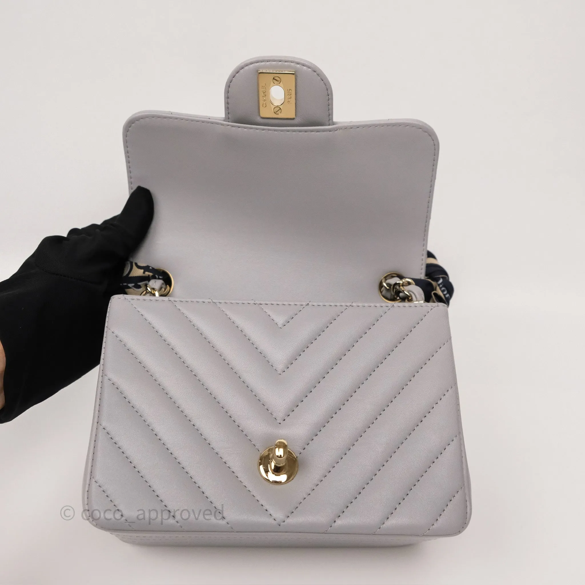 Chanel Mini Square Flap Chevron Grey Lambskin Gold Hardware