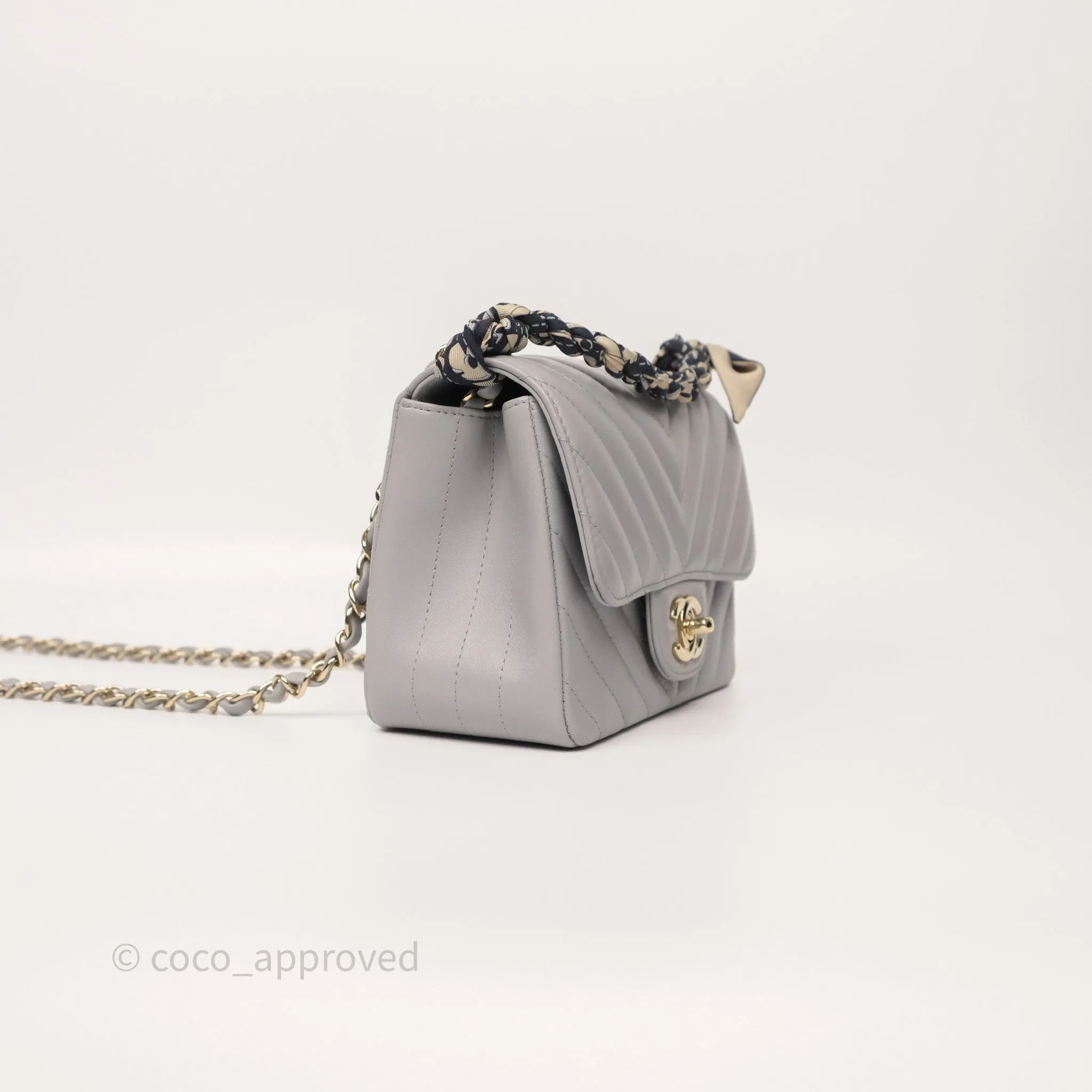 Chanel Mini Square Flap Chevron Grey Lambskin Gold Hardware