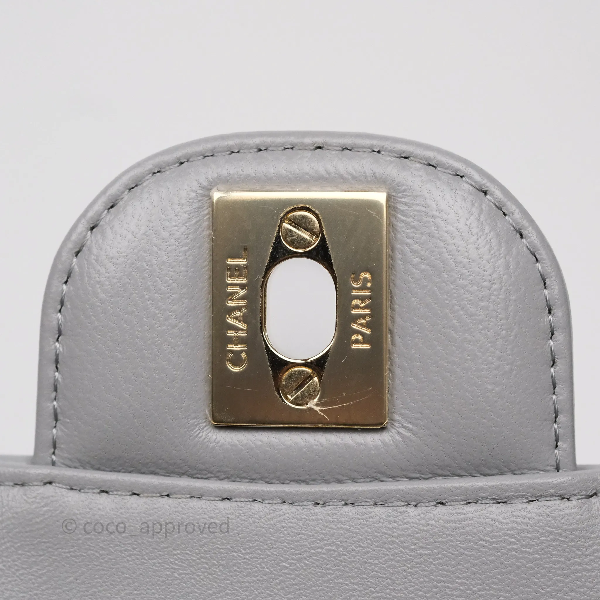 Chanel Mini Square Flap Chevron Grey Lambskin Gold Hardware