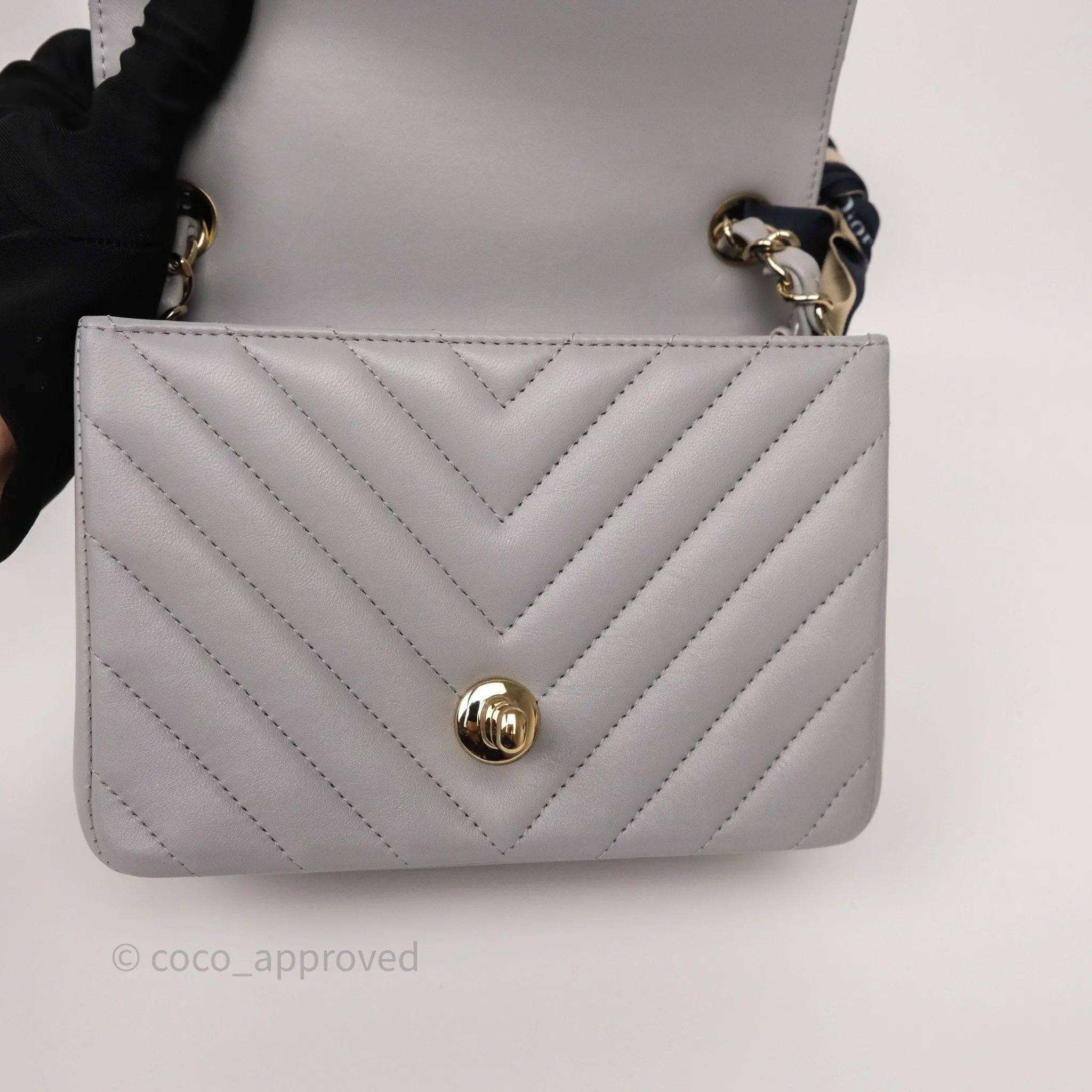 Chanel Mini Square Flap Chevron Grey Lambskin Gold Hardware