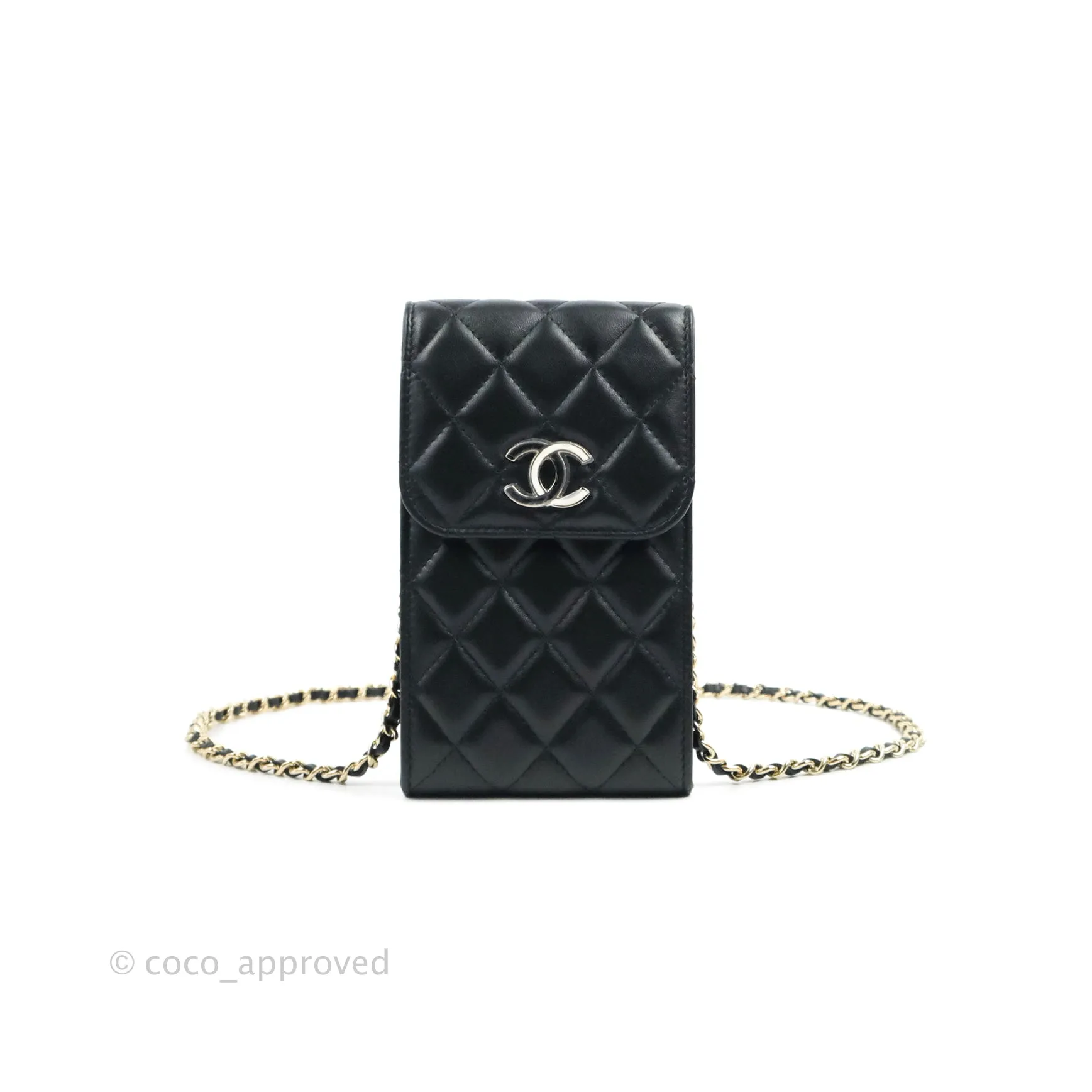 Chanel Phone Holder Black/White CC Black Lambskin Gold Hardware