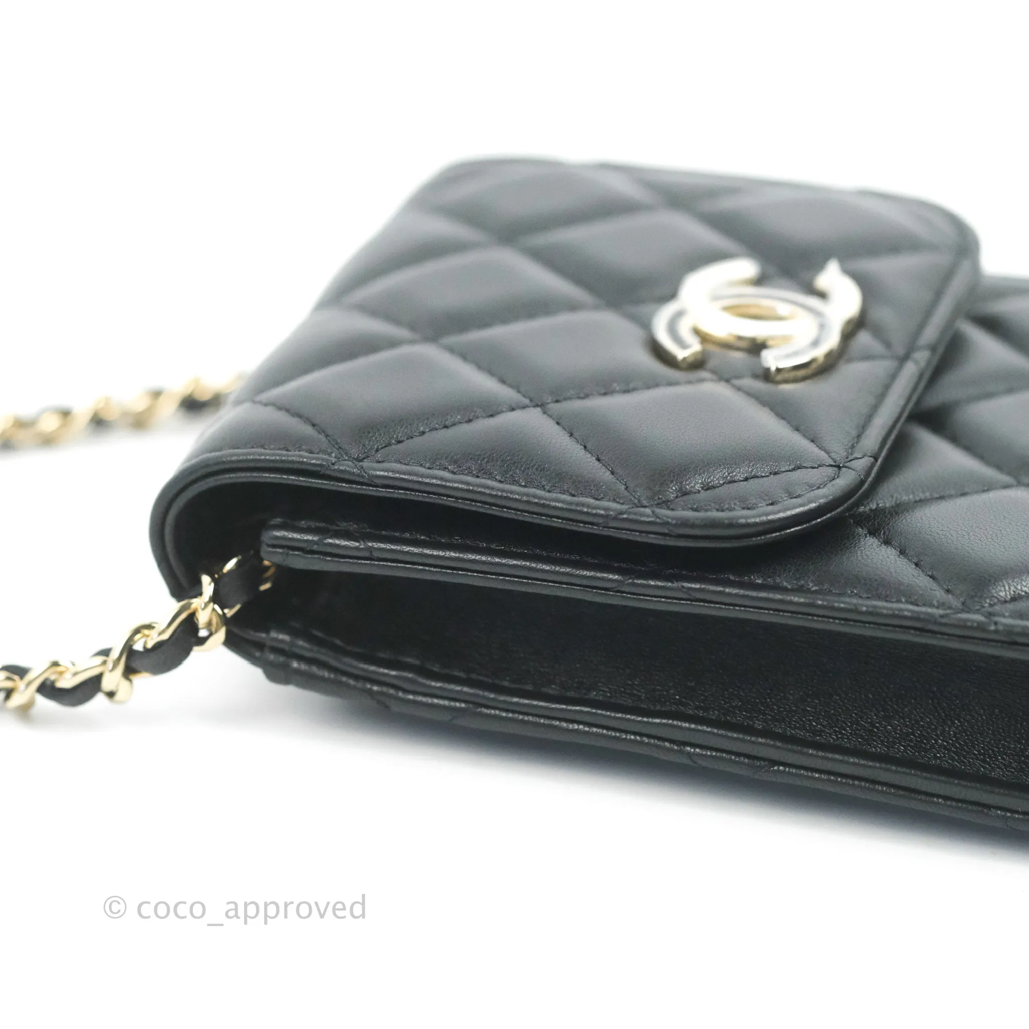 Chanel Phone Holder Black/White CC Black Lambskin Gold Hardware