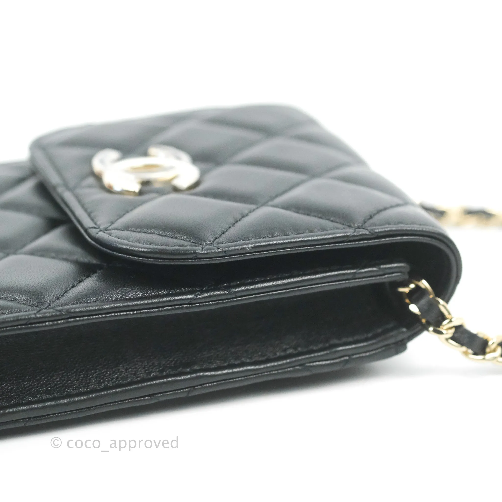 Chanel Phone Holder Black/White CC Black Lambskin Gold Hardware