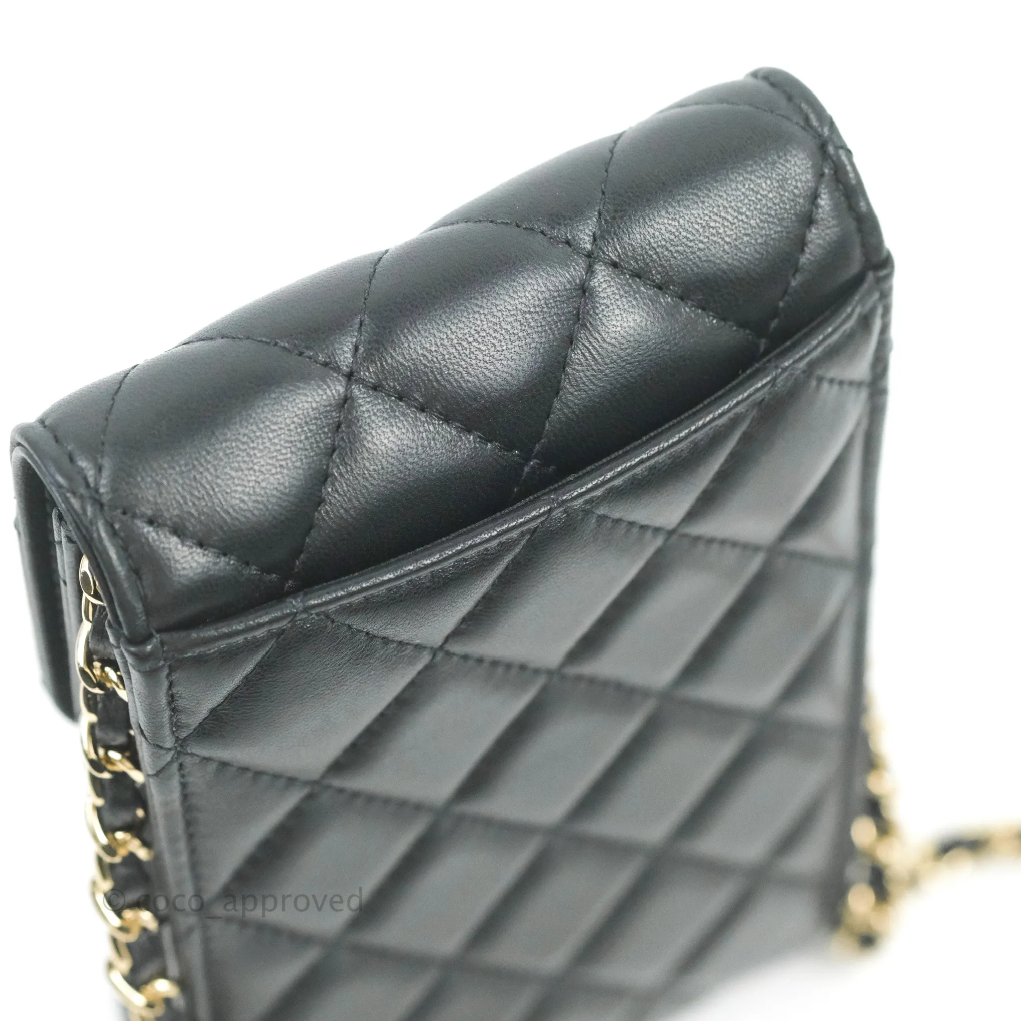 Chanel Phone Holder Black/White CC Black Lambskin Gold Hardware