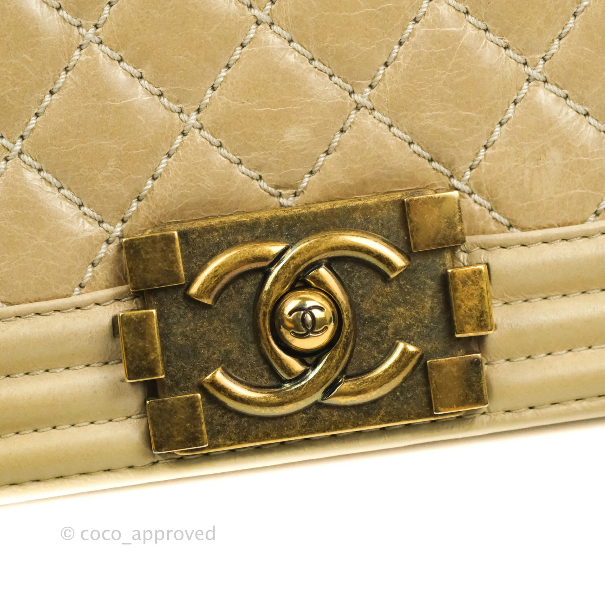 Chanel Quilted Large Boy Beige Aged Calfskin Aged Gold Hardware