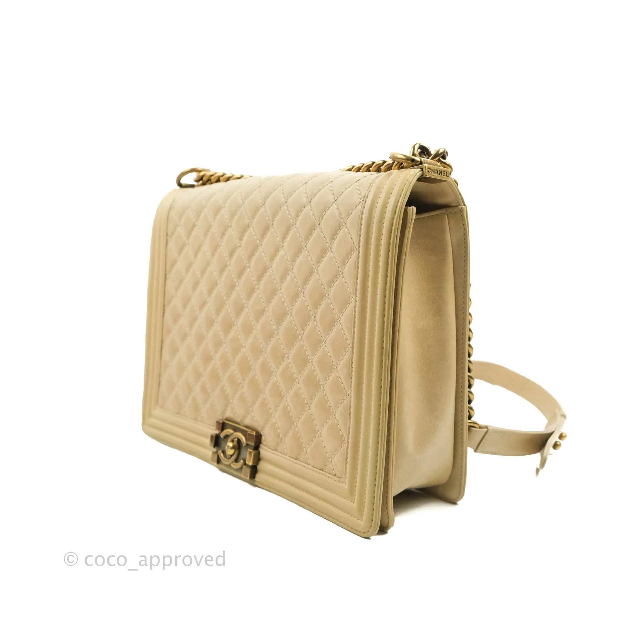 Chanel Quilted Large Boy Beige Aged Calfskin Aged Gold Hardware