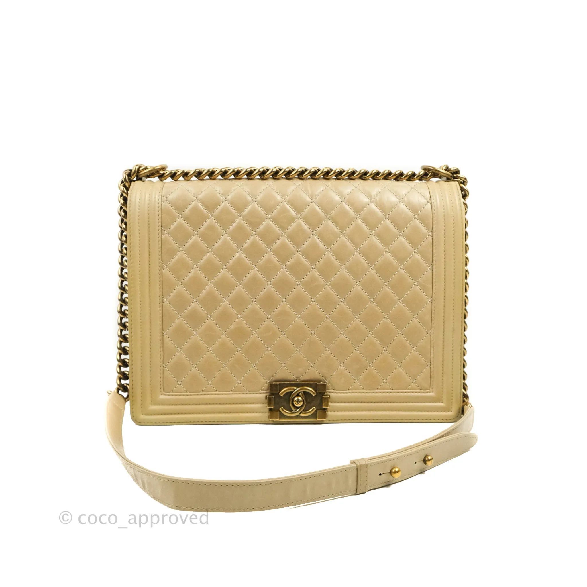 Chanel Quilted Large Boy Beige Aged Calfskin Aged Gold Hardware