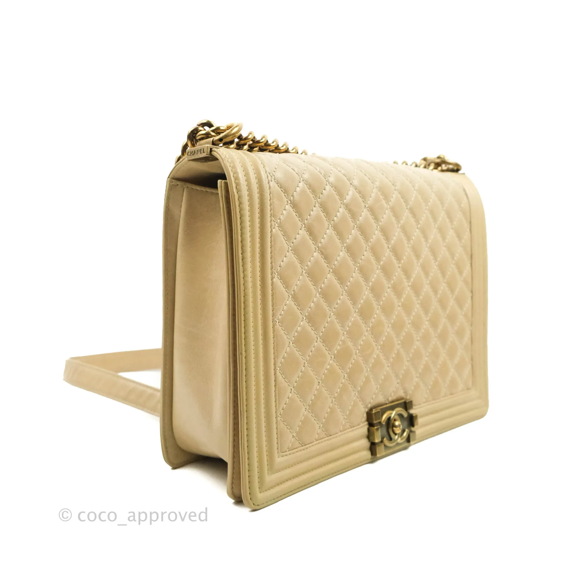 Chanel Quilted Large Boy Beige Aged Calfskin Aged Gold Hardware