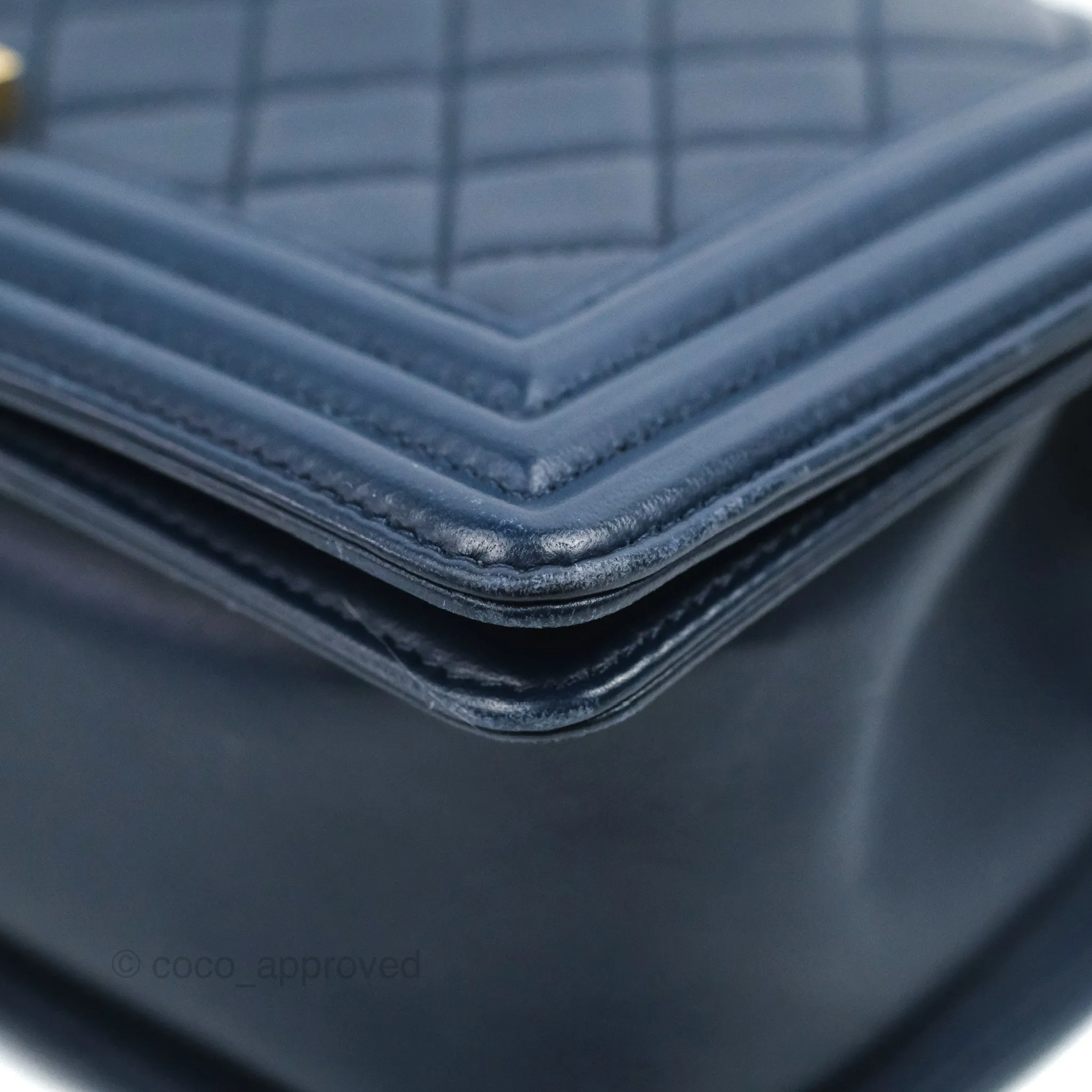 Chanel Quilted Medium Boy Navy Lambskin Aged Gold Hardware