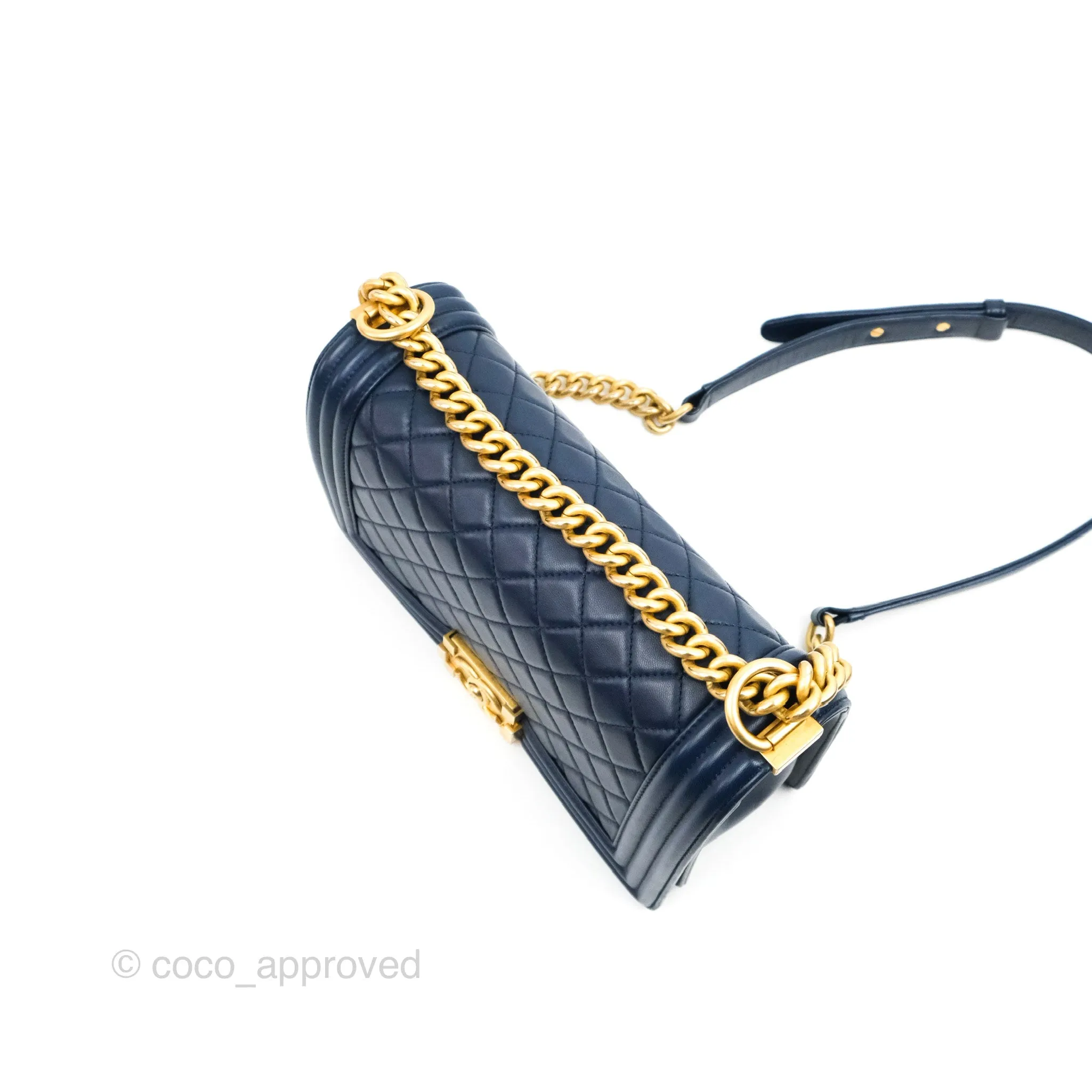 Chanel Quilted Medium Boy Navy Lambskin Aged Gold Hardware