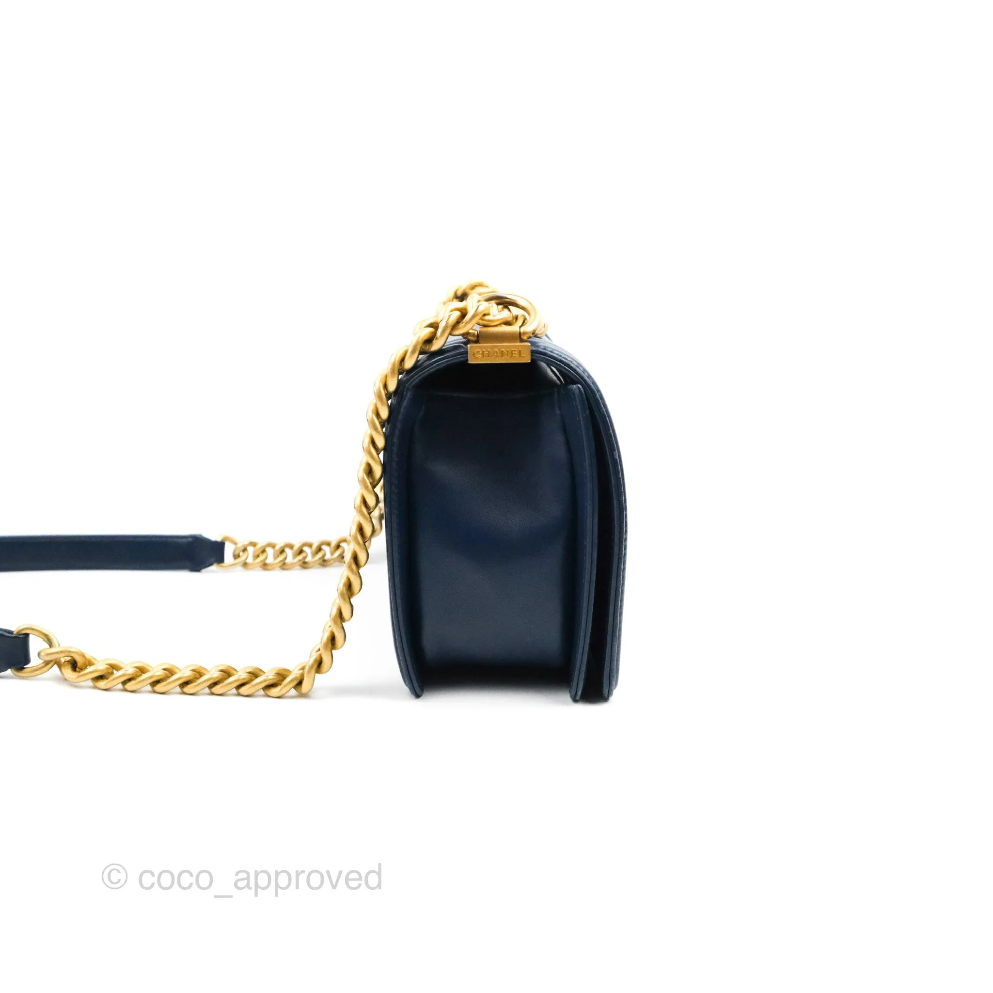 Chanel Quilted Medium Boy Navy Lambskin Aged Gold Hardware