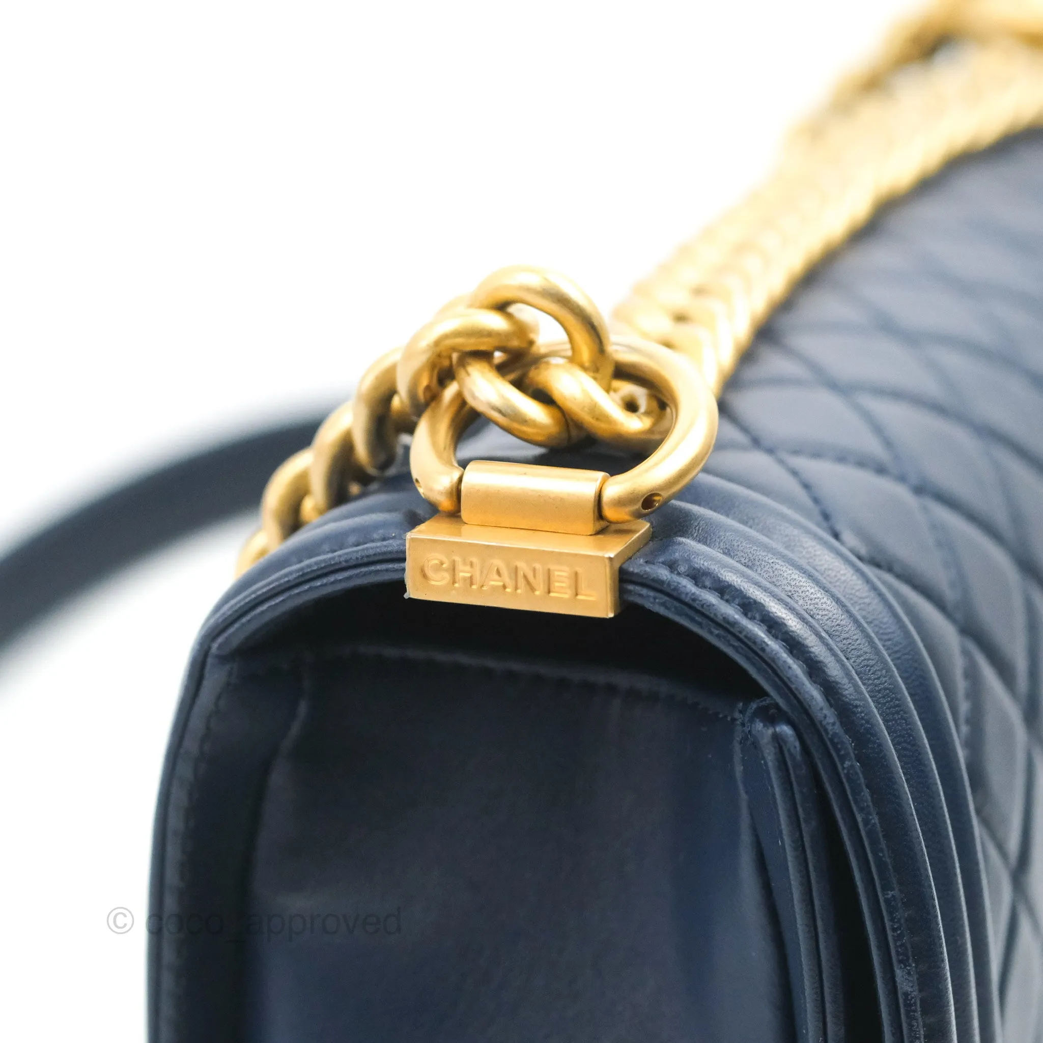 Chanel Quilted Medium Boy Navy Lambskin Aged Gold Hardware