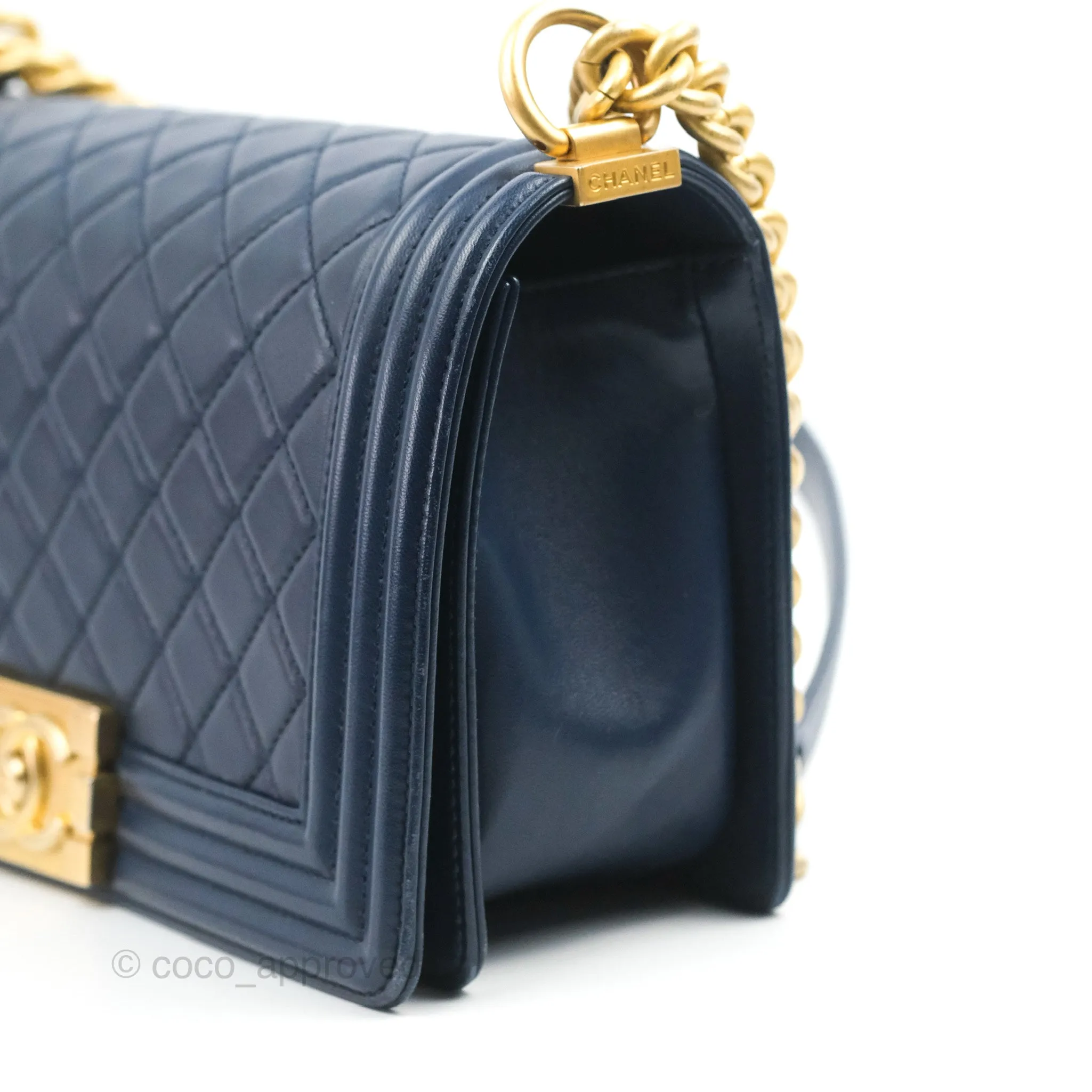Chanel Quilted Medium Boy Navy Lambskin Aged Gold Hardware