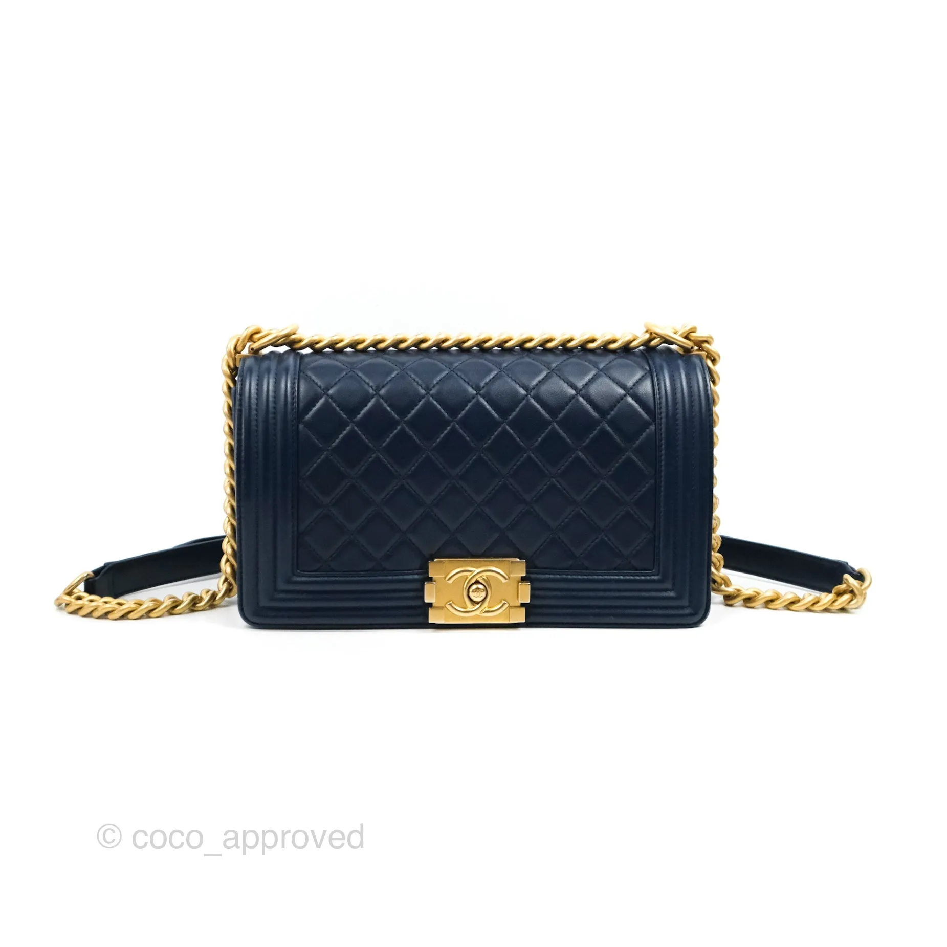 Chanel Quilted Medium Boy Navy Lambskin Aged Gold Hardware