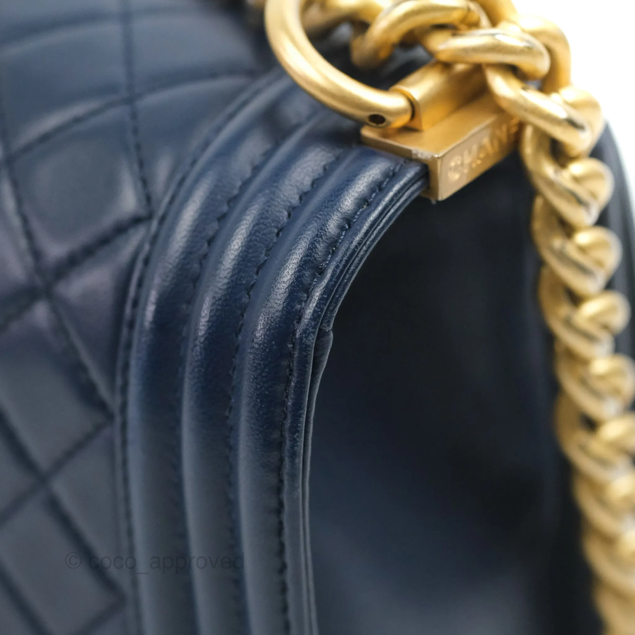 Chanel Quilted Medium Boy Navy Lambskin Aged Gold Hardware