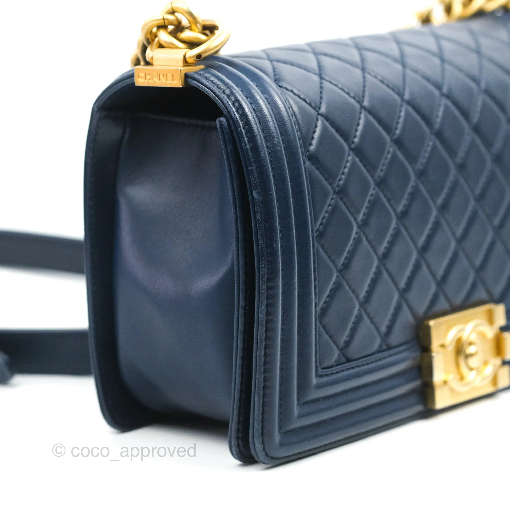 Chanel Quilted Medium Boy Navy Lambskin Aged Gold Hardware