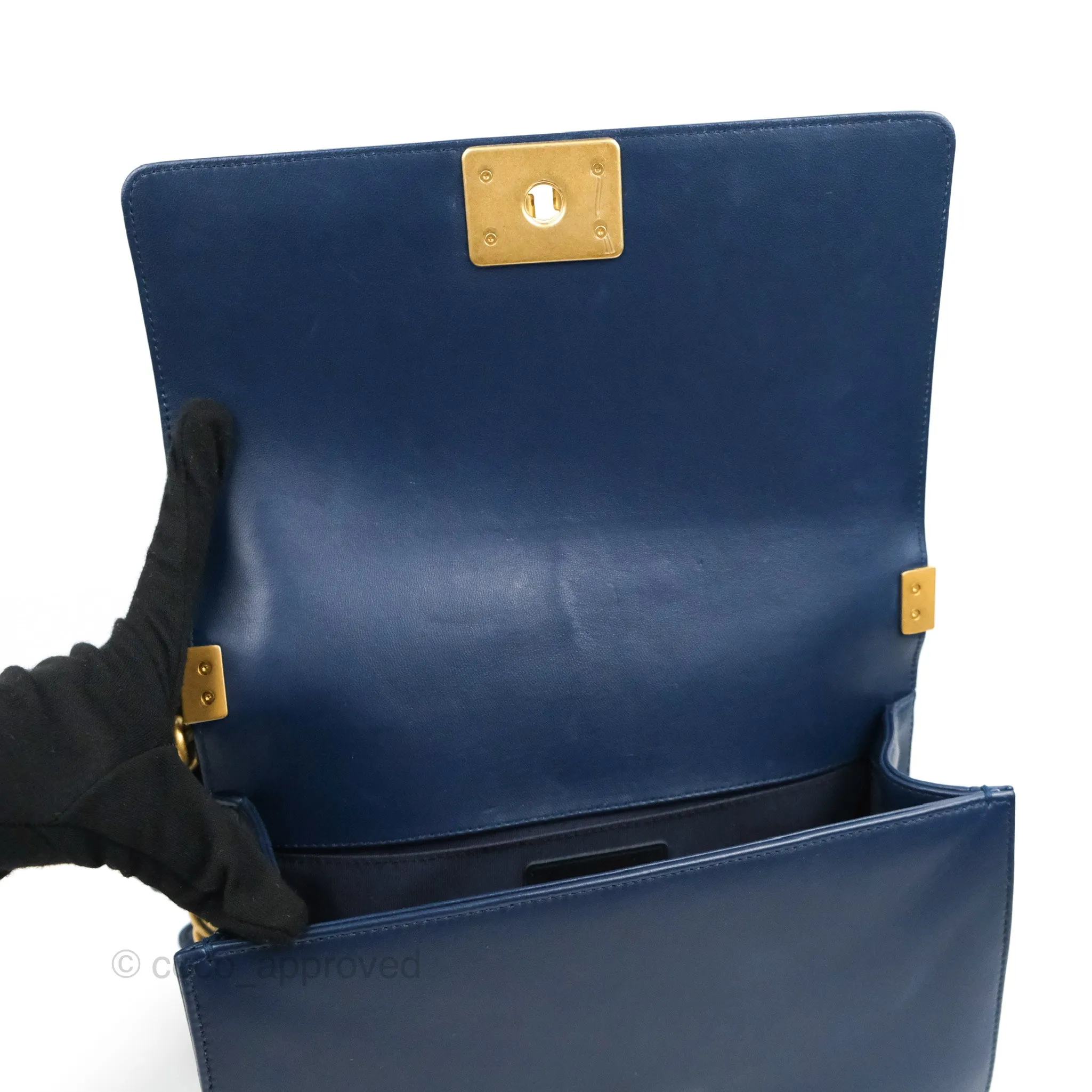 Chanel Quilted Medium Boy Navy Lambskin Aged Gold Hardware
