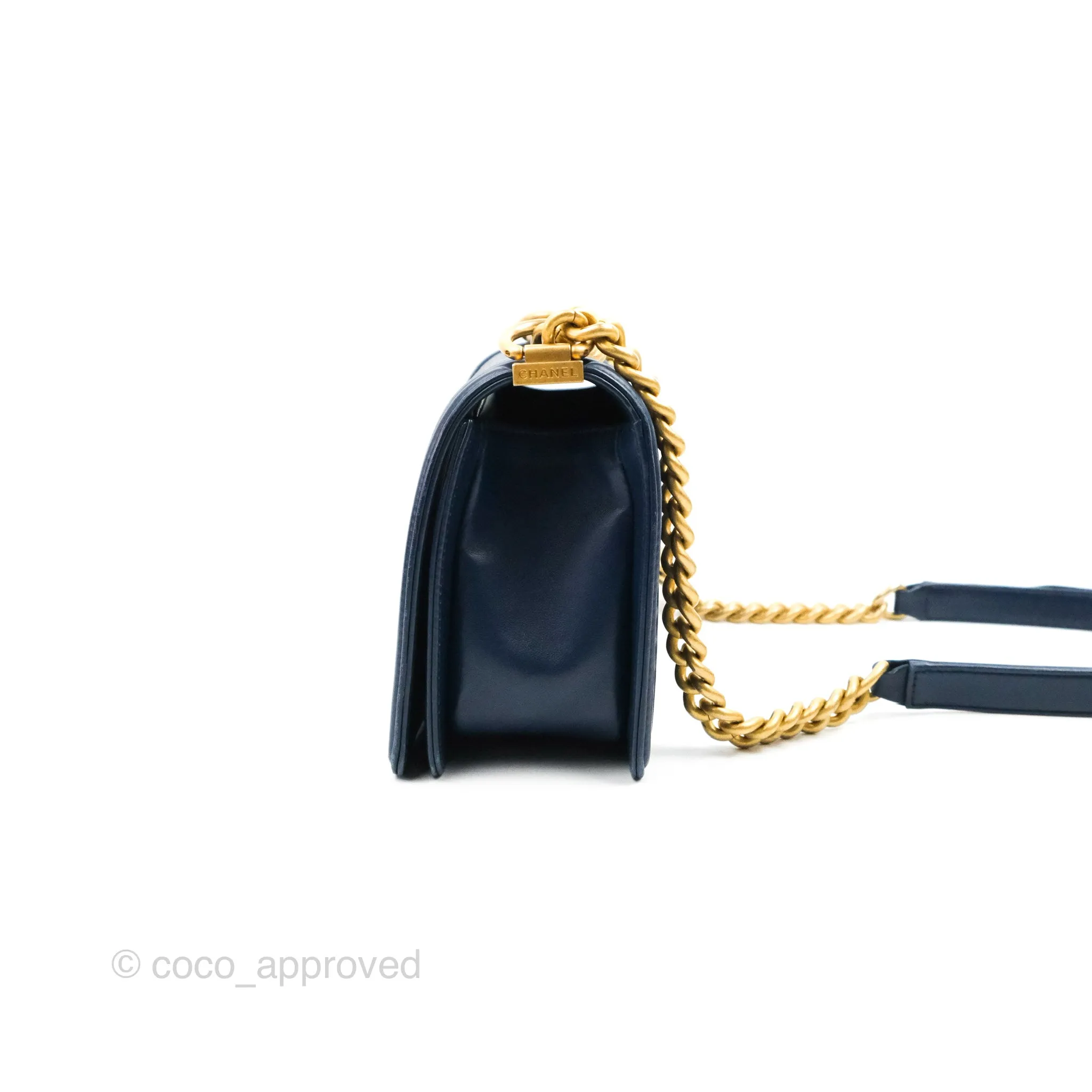 Chanel Quilted Medium Boy Navy Lambskin Aged Gold Hardware