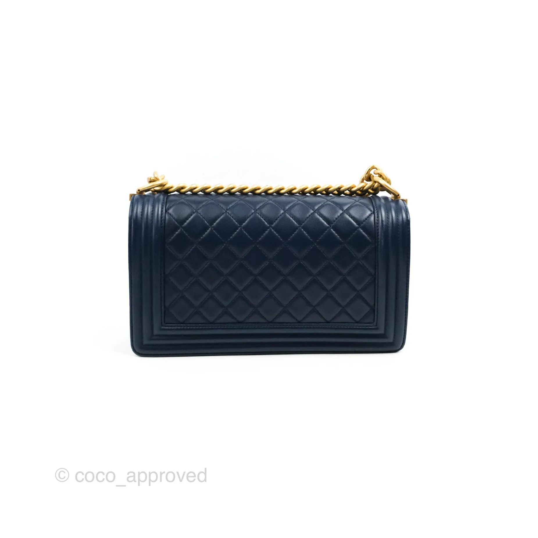 Chanel Quilted Medium Boy Navy Lambskin Aged Gold Hardware