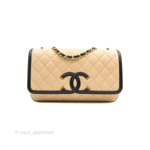 Chanel Quilted Medium CC Filigree Flap Beige Black Caviar