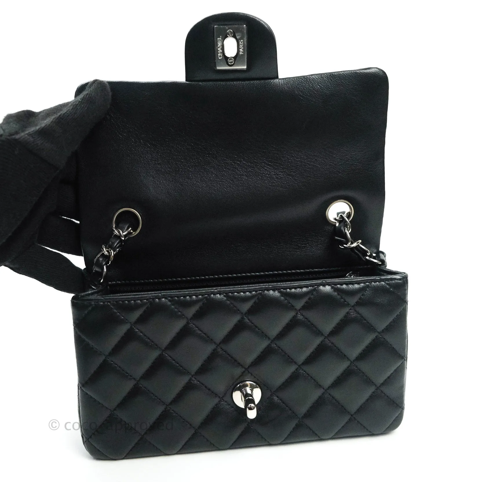 Chanel Quilted Mini Rectangular Black Lambskin Silver Hardware