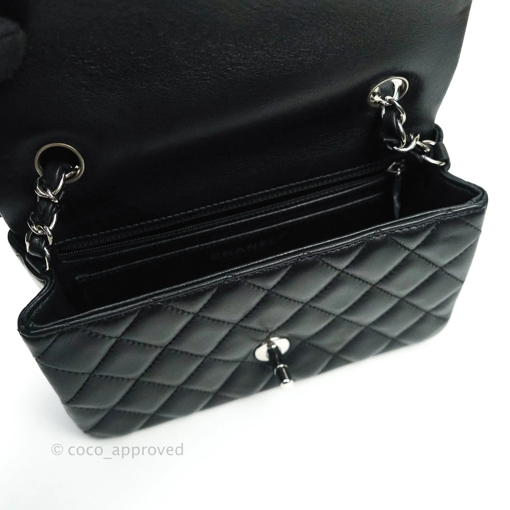Chanel Quilted Mini Rectangular Black Lambskin Silver Hardware