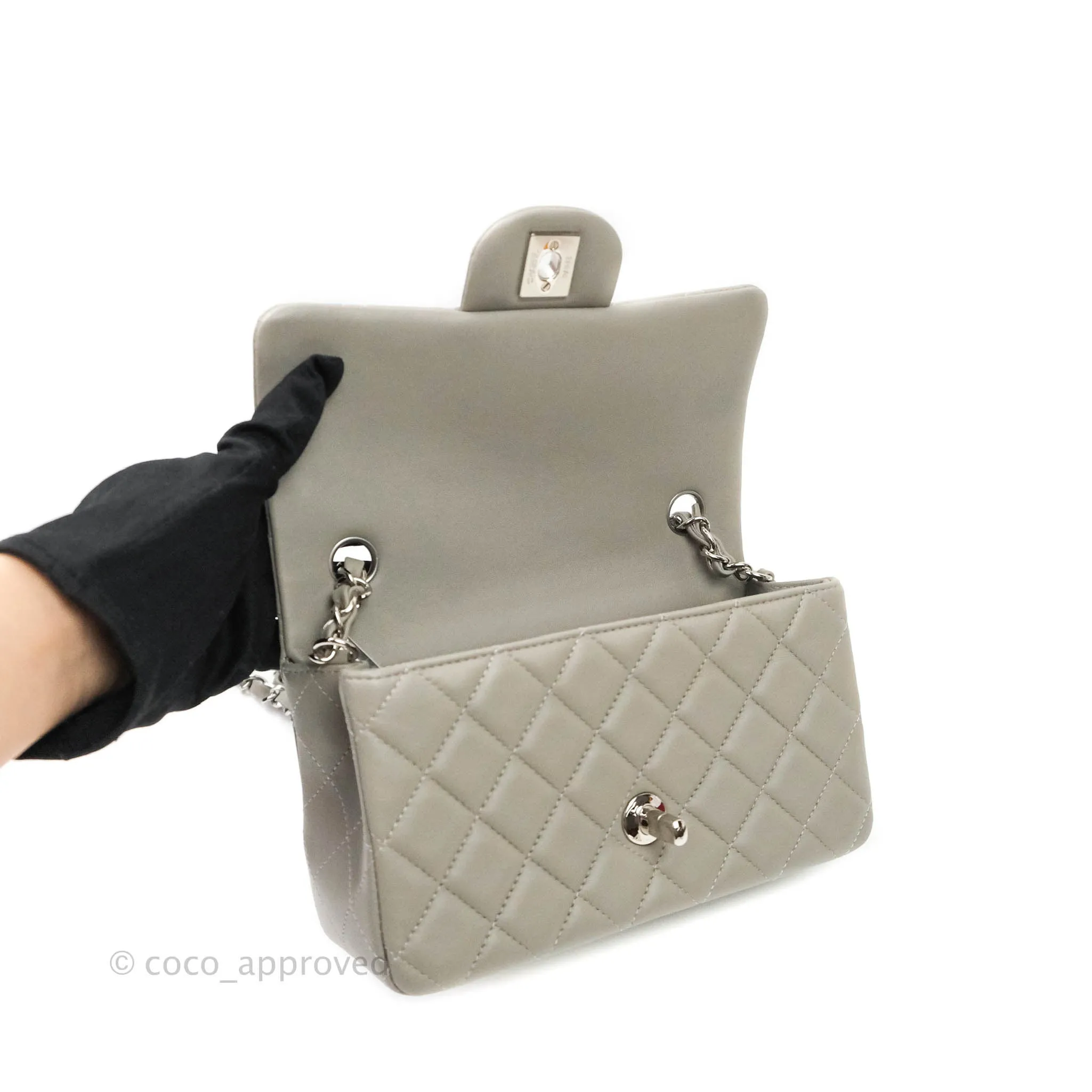 Chanel Quilted Mini Rectangular Flap Grey Lambskin Silver Hardware 19B