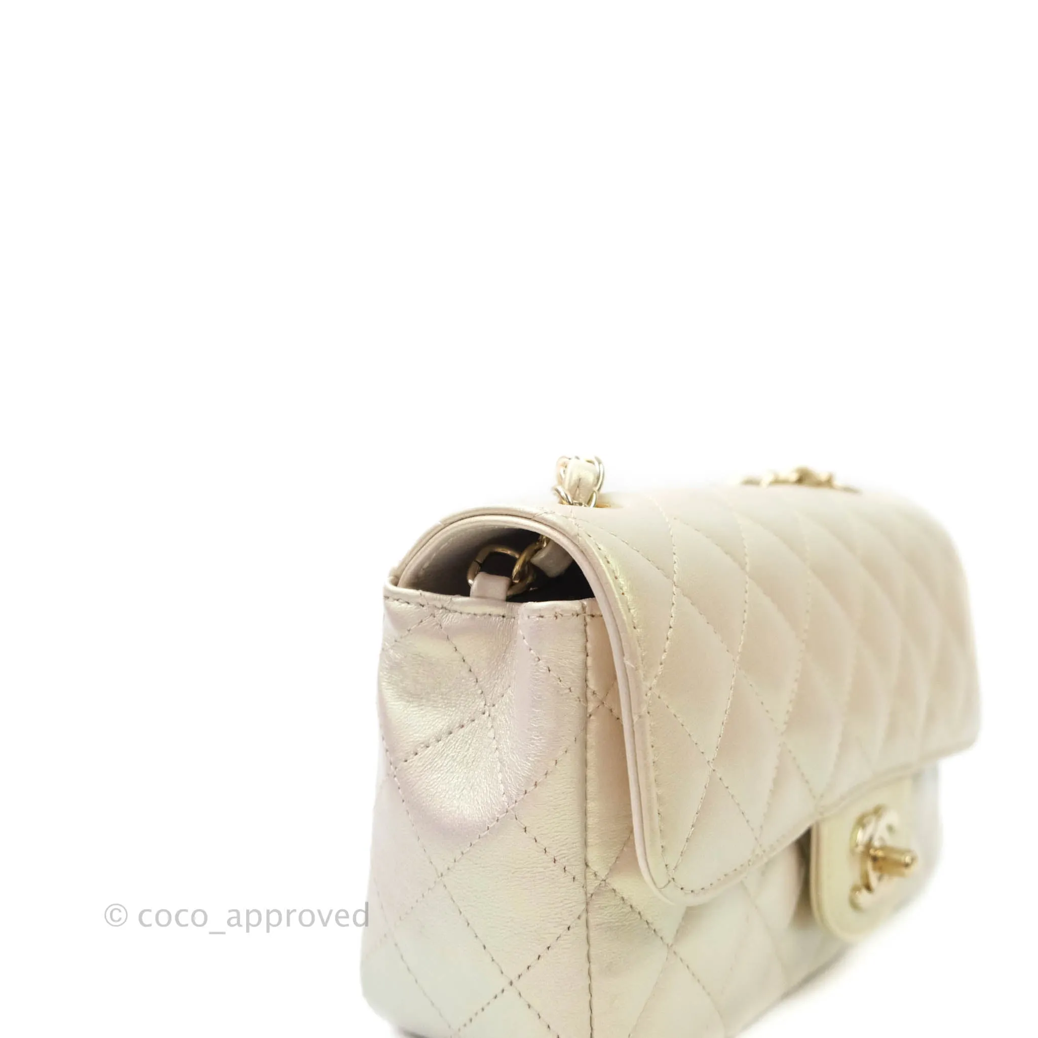 Chanel Quilted Mini Rectangular Iridescent Ivory Lambskin Gold Hardware