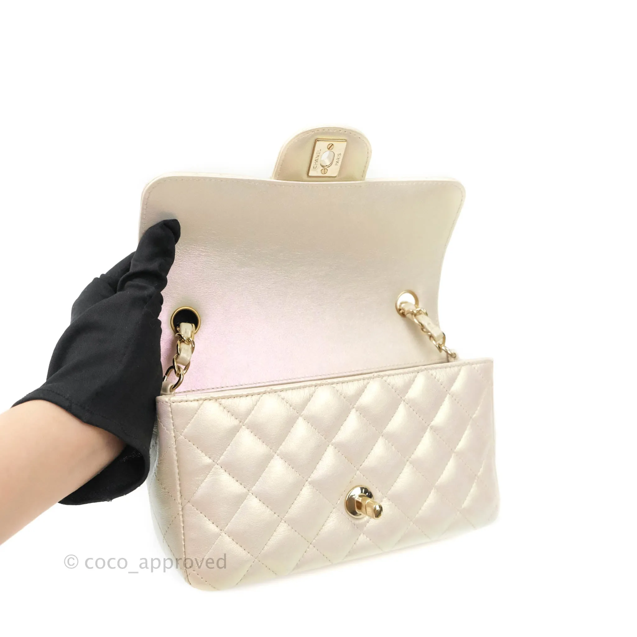 Chanel Quilted Mini Rectangular Iridescent Ivory Lambskin Gold Hardware