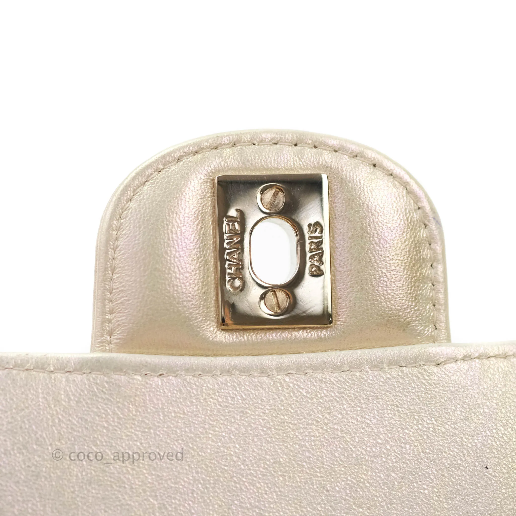 Chanel Quilted Mini Rectangular Iridescent Ivory Lambskin Gold Hardware