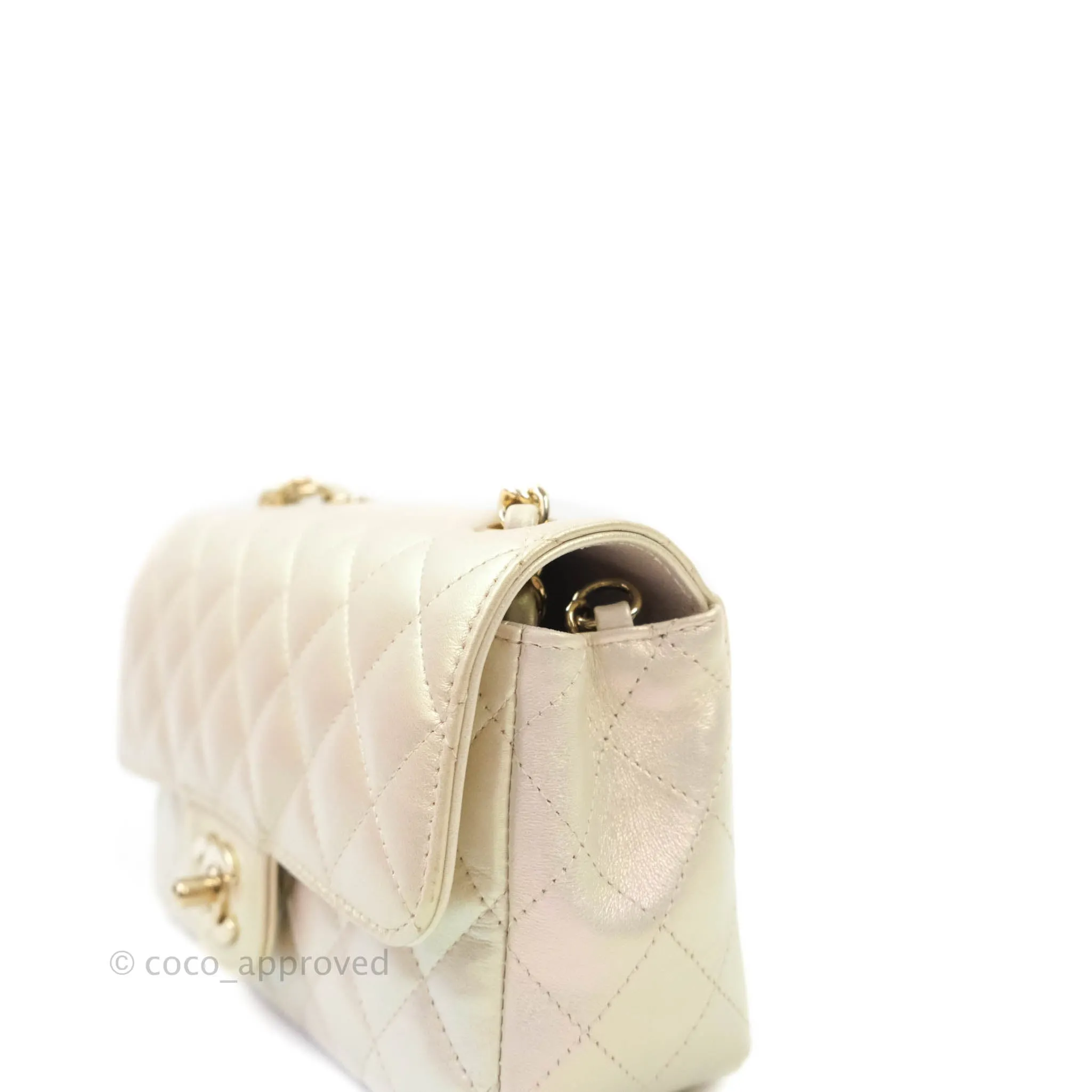 Chanel Quilted Mini Rectangular Iridescent Ivory Lambskin Gold Hardware
