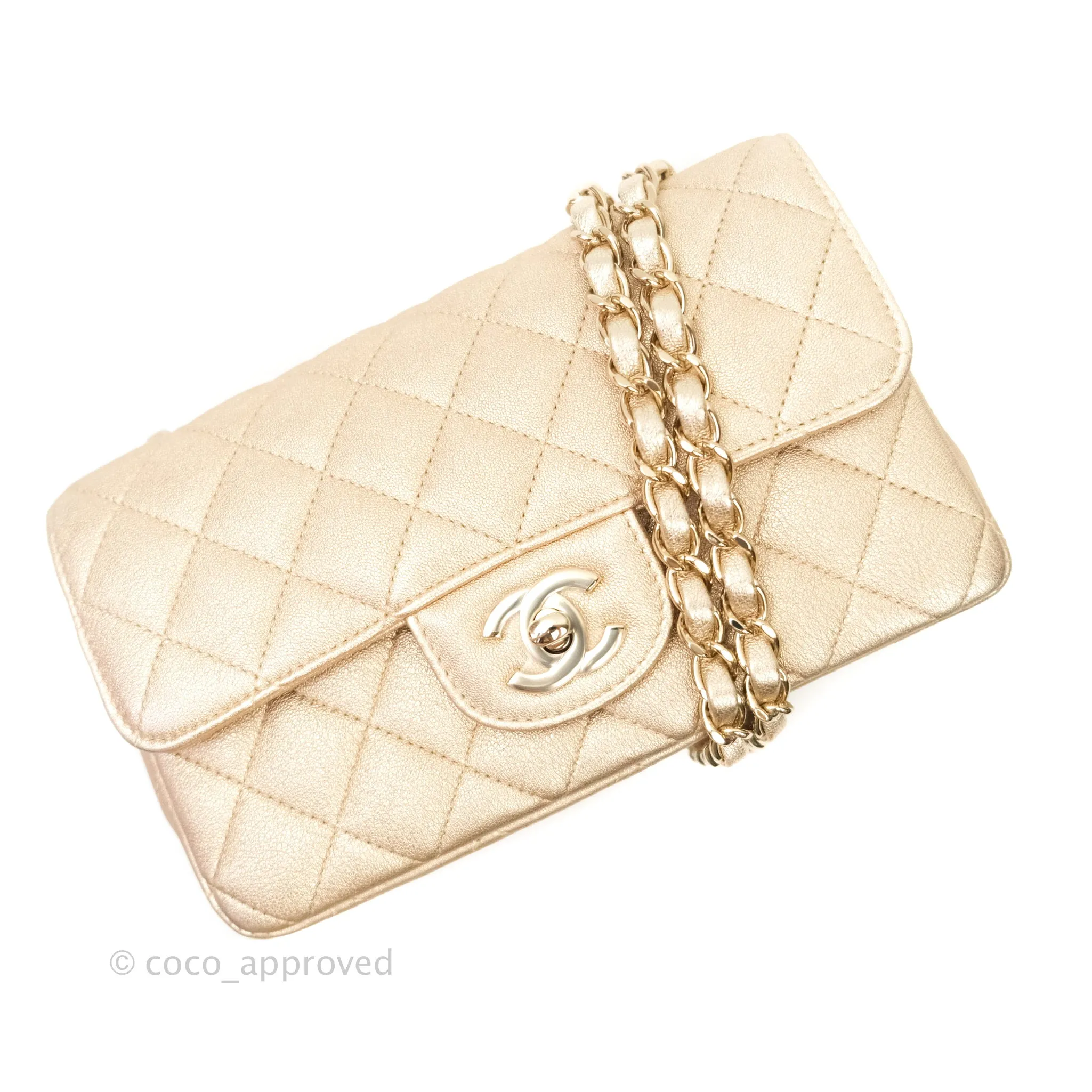 Chanel Quilted Mini Rectangular Metallic Champagne Gold Lambskin Gold Hardware