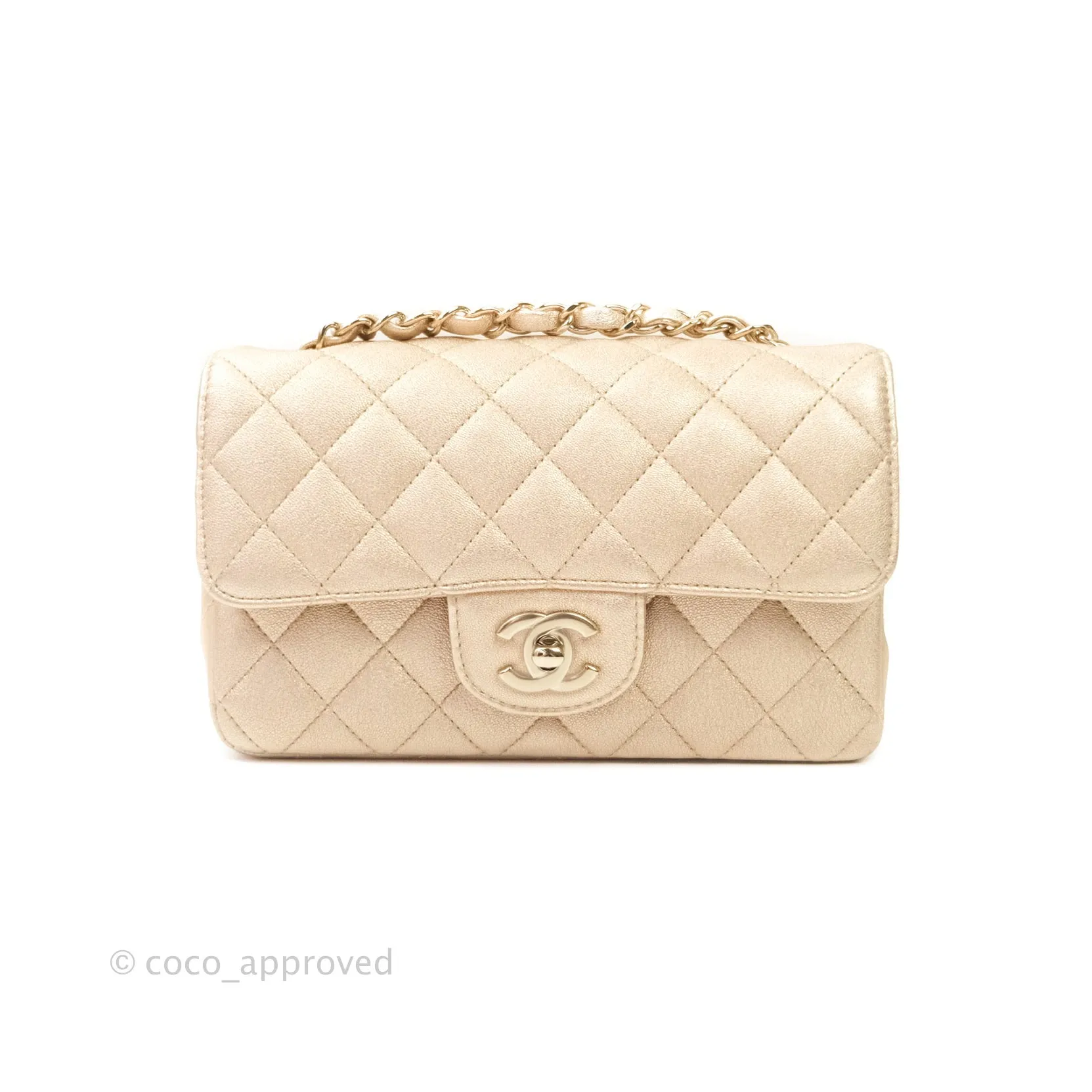 Chanel Quilted Mini Rectangular Metallic Champagne Gold Lambskin Gold Hardware
