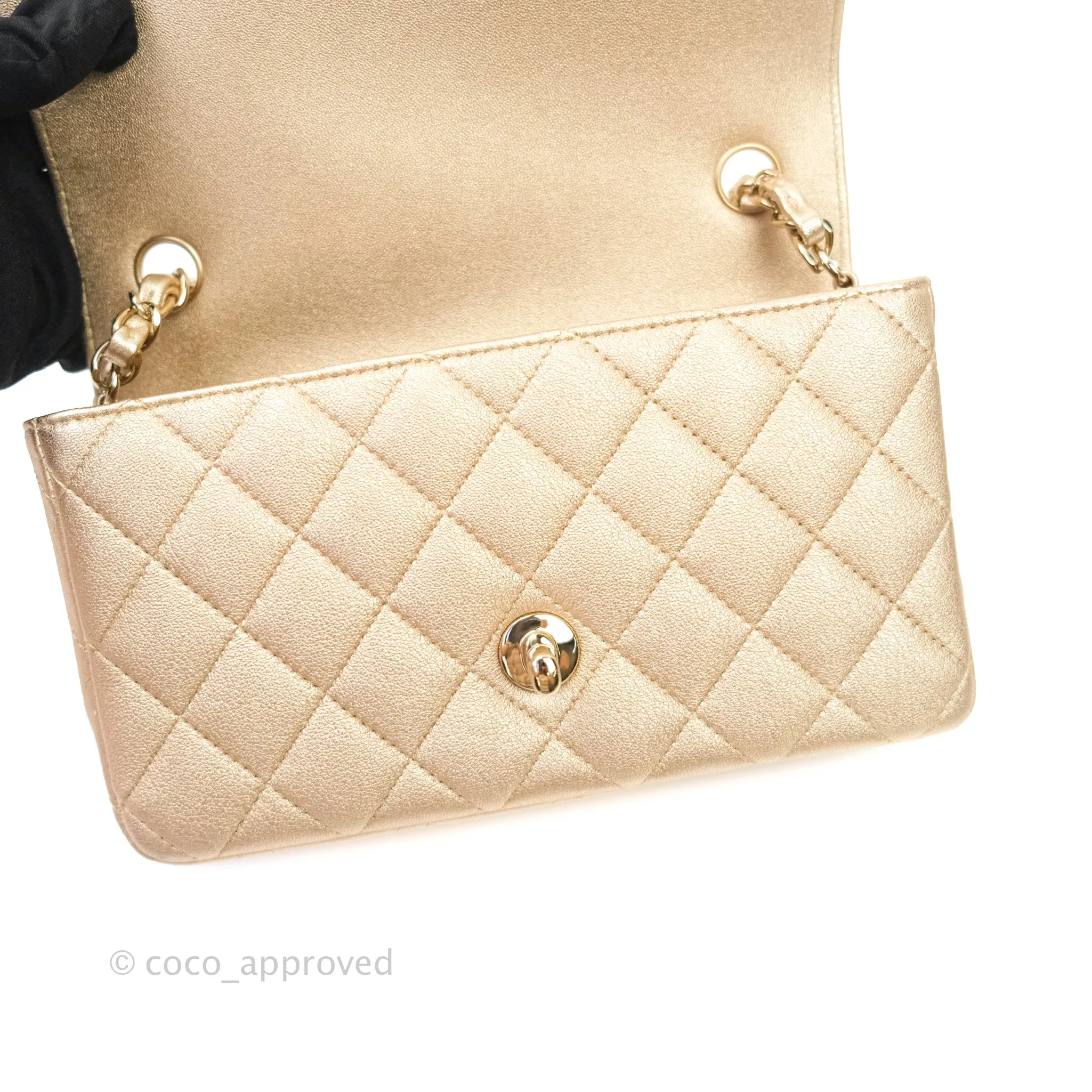 Chanel Quilted Mini Rectangular Metallic Champagne Gold Lambskin Gold Hardware