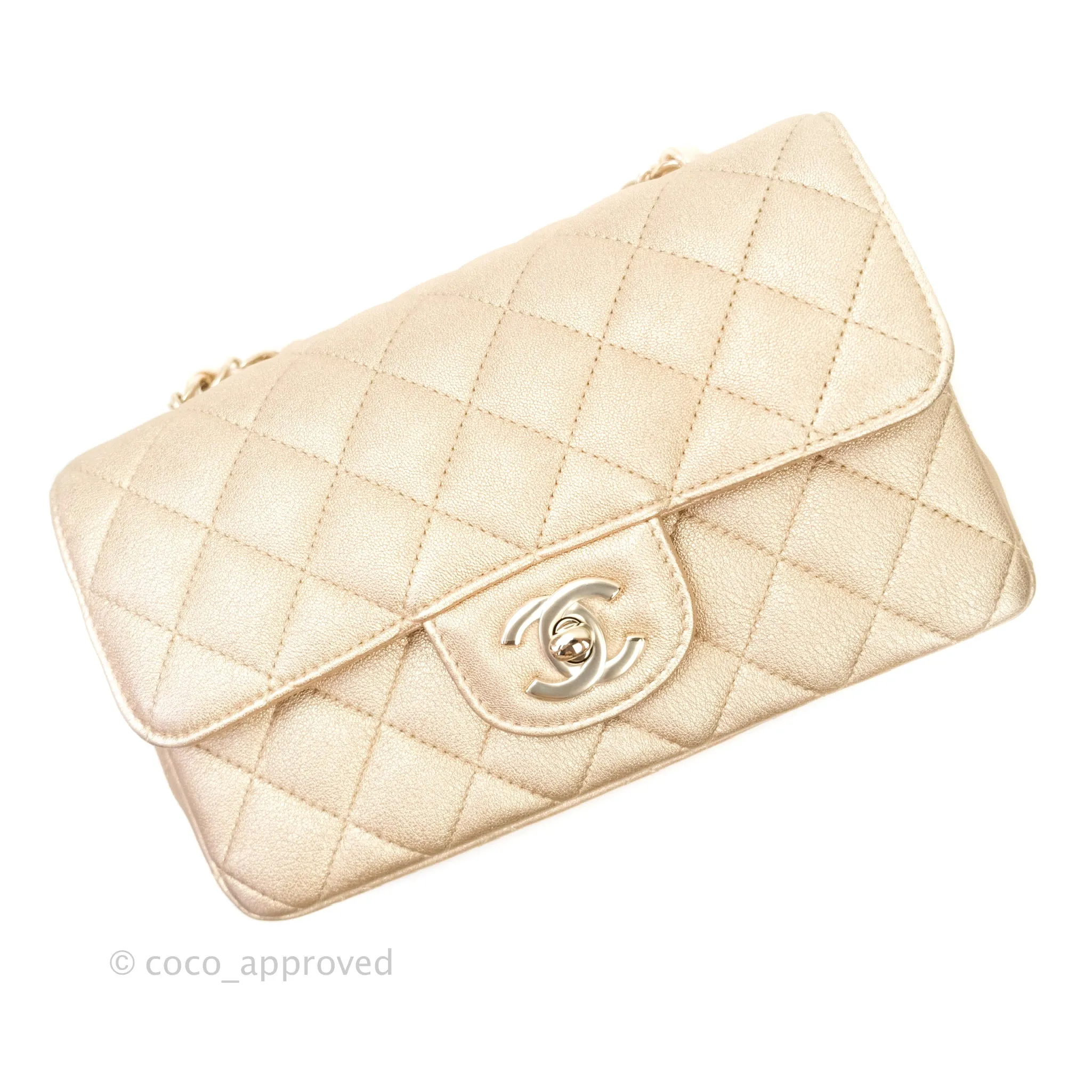 Chanel Quilted Mini Rectangular Metallic Champagne Gold Lambskin Gold Hardware