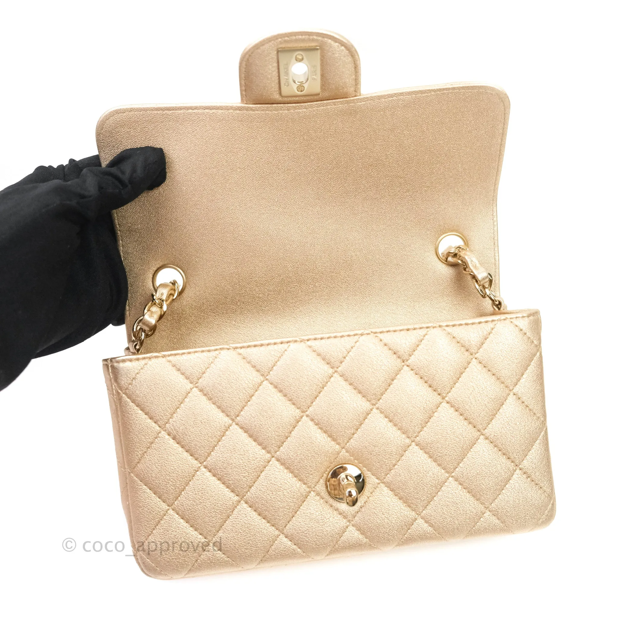 Chanel Quilted Mini Rectangular Metallic Champagne Gold Lambskin Gold Hardware