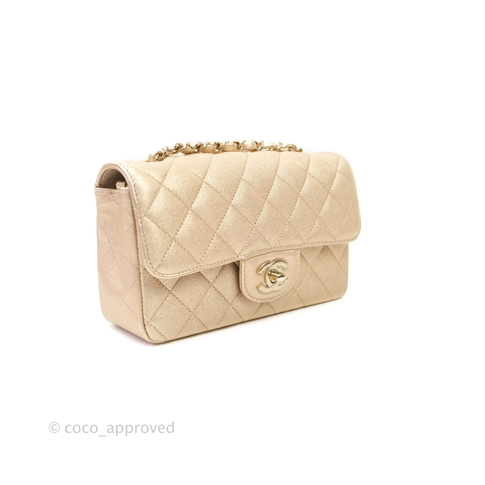Chanel Quilted Mini Rectangular Metallic Champagne Gold Lambskin Gold Hardware