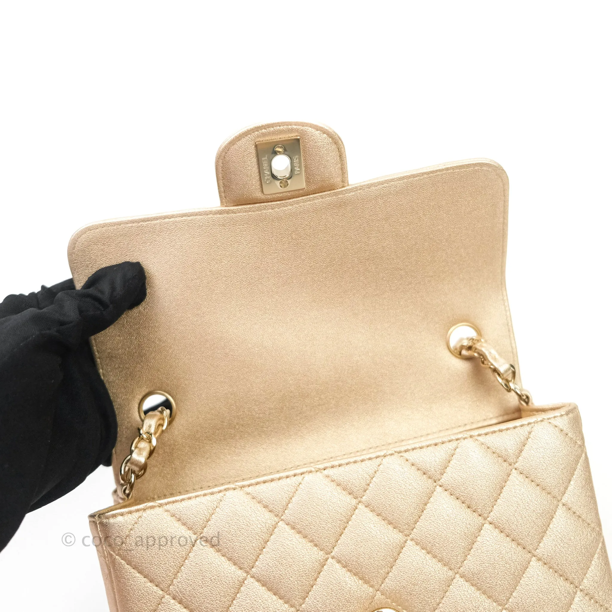 Chanel Quilted Mini Rectangular Metallic Champagne Gold Lambskin Gold Hardware